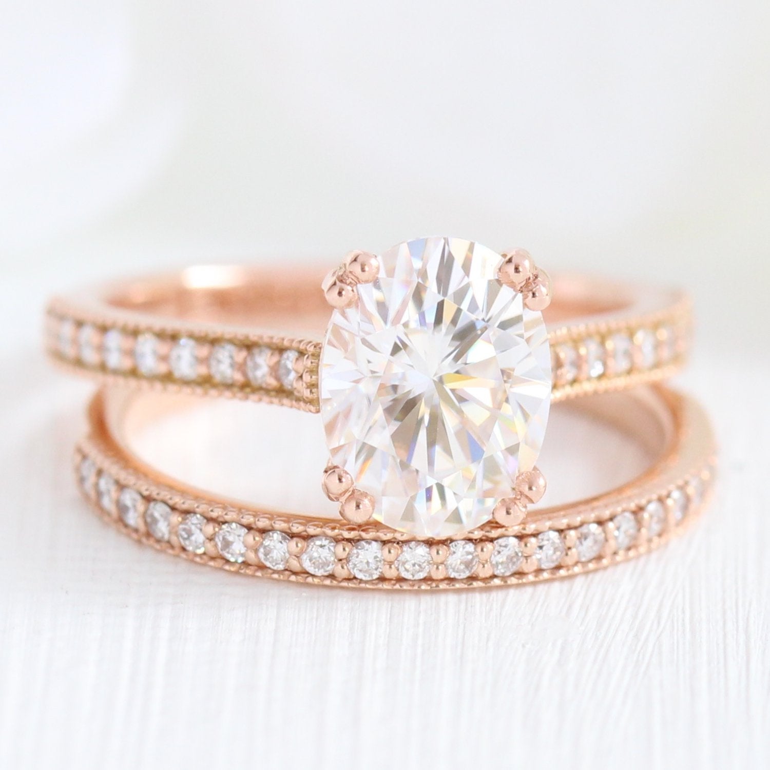2.0CT Oval Moissanite Pave Bridal Ring Set