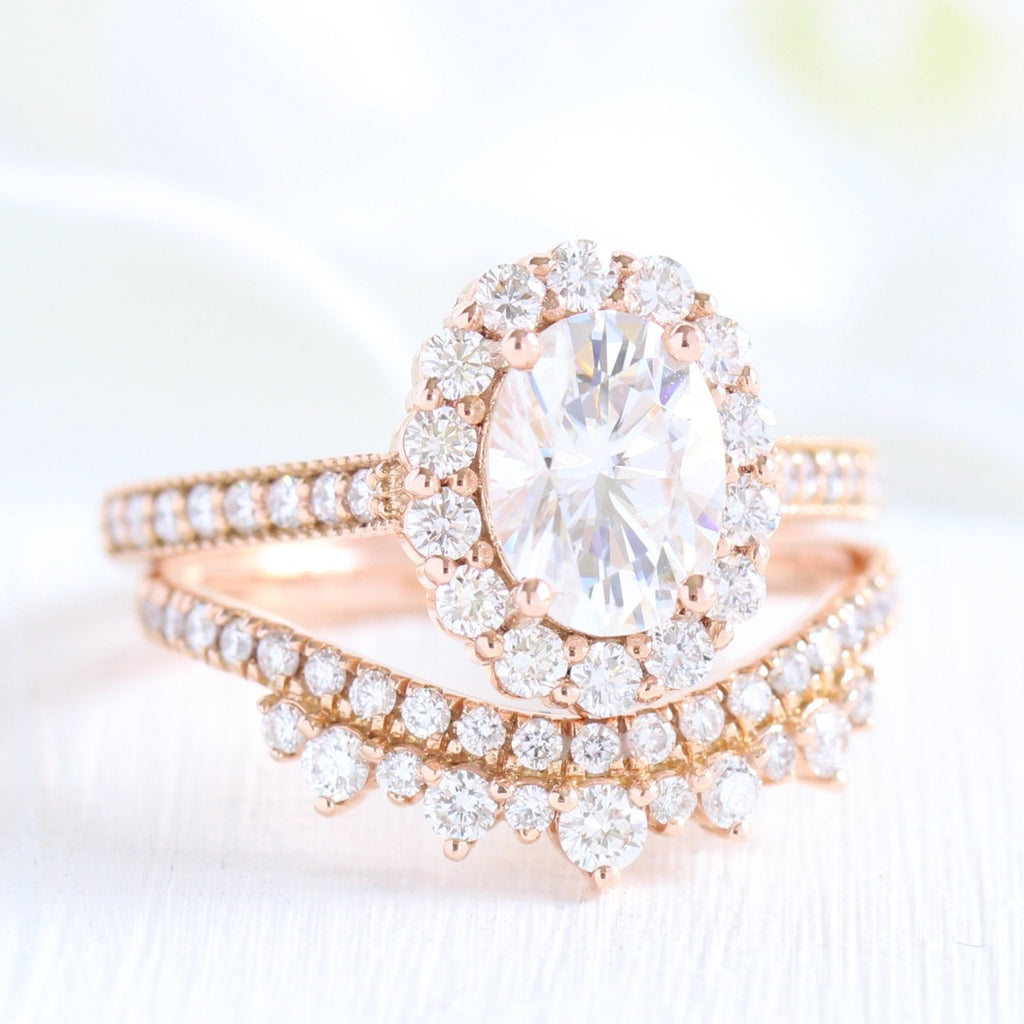 1.50CT Oval Cut Moissanite Halo Bridal Ring Set