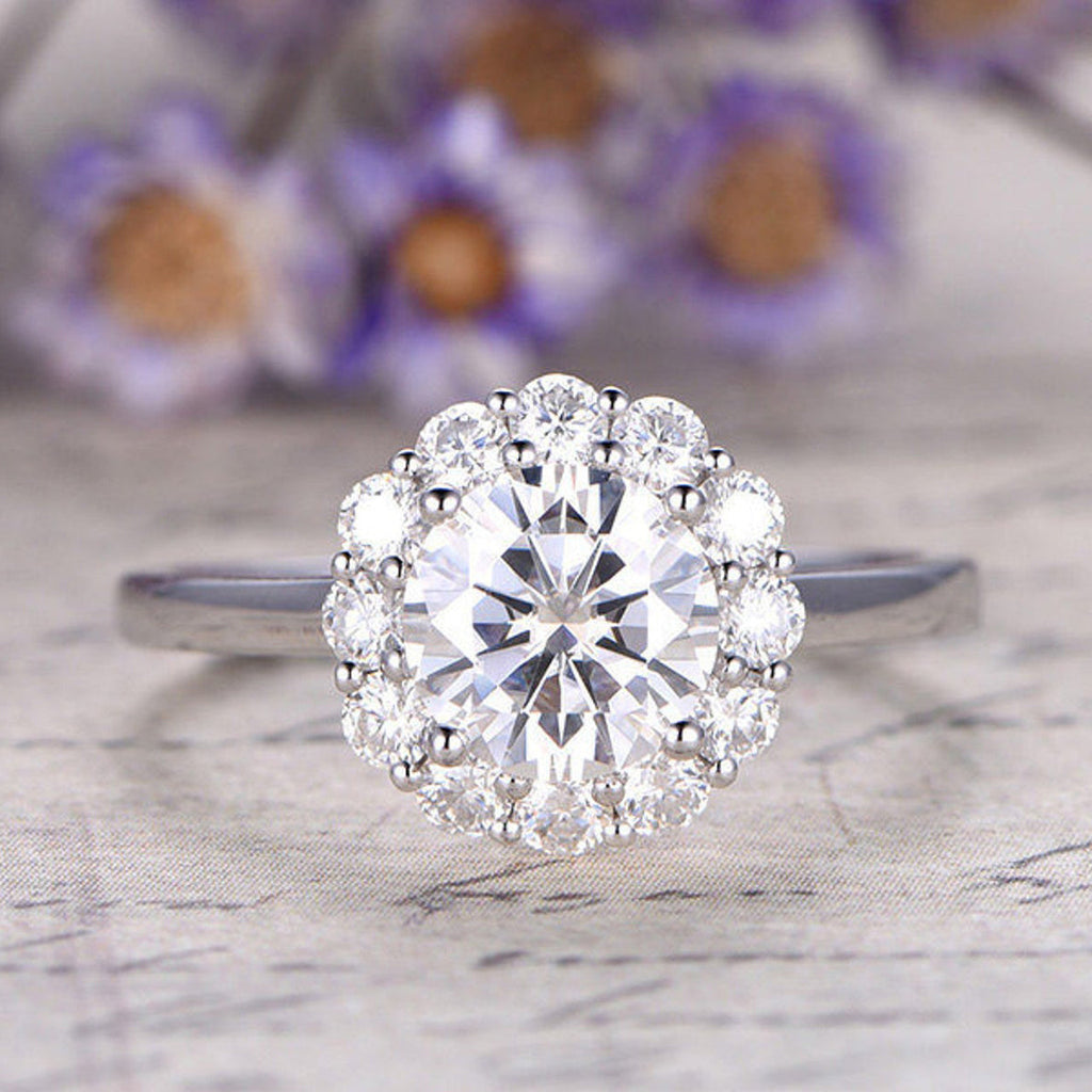 1.25 CT Floral Round Brilliant Cut Halo Moissanite Engagement Ring