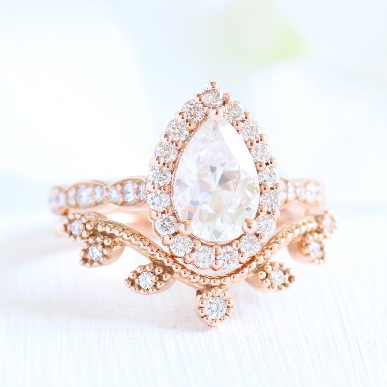 1.50CT Pear Cut Moissanite Halo Bridal Ring Set Secondary image
