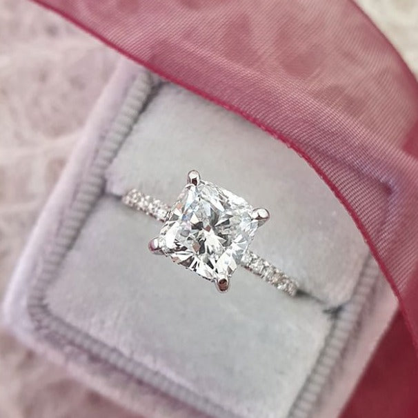 2.0 CT Cushion Moissanite Hidden Halo Setting Engagement Ring