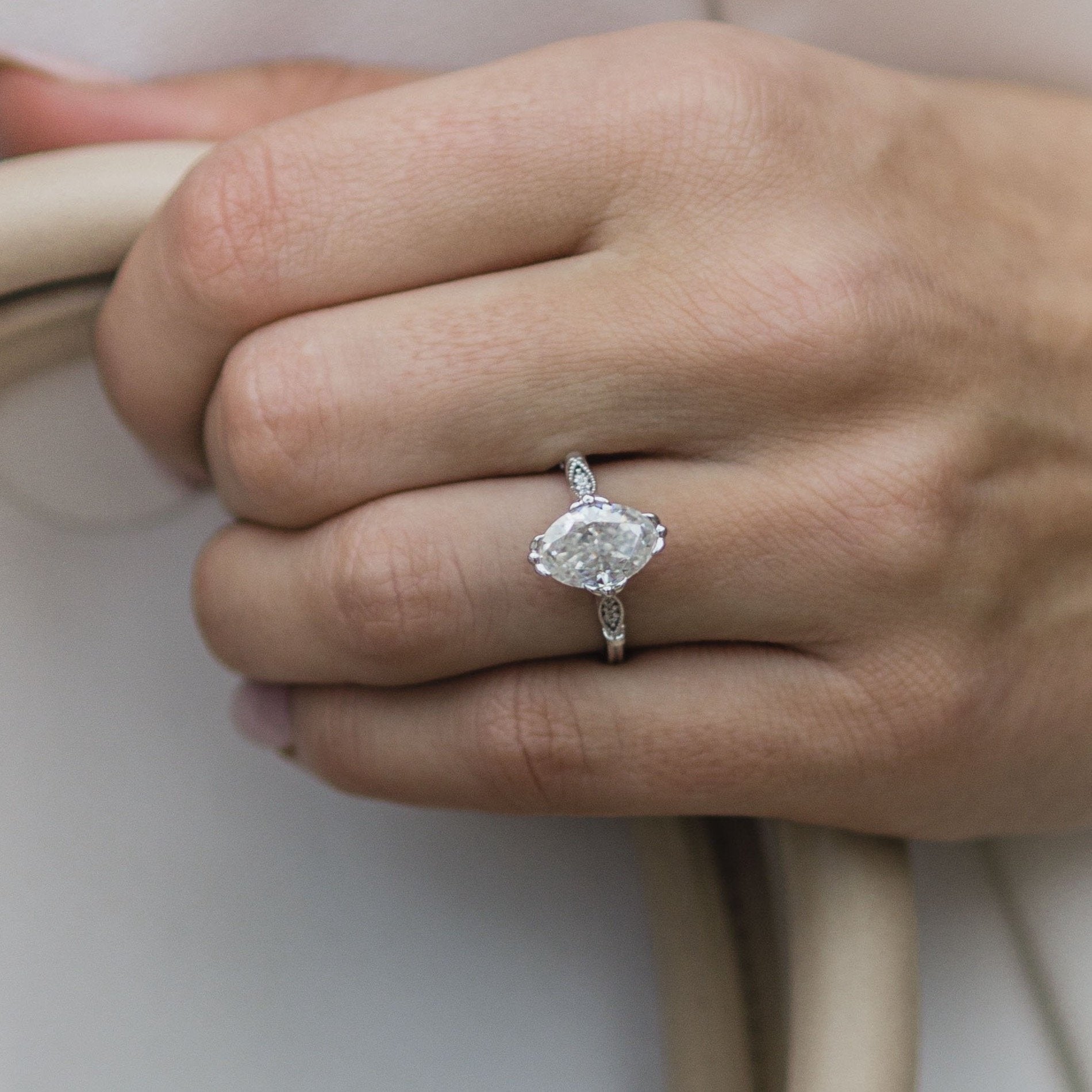 2.50 CT Elongated Oval Cut Moissanite Pave Engagement Ring