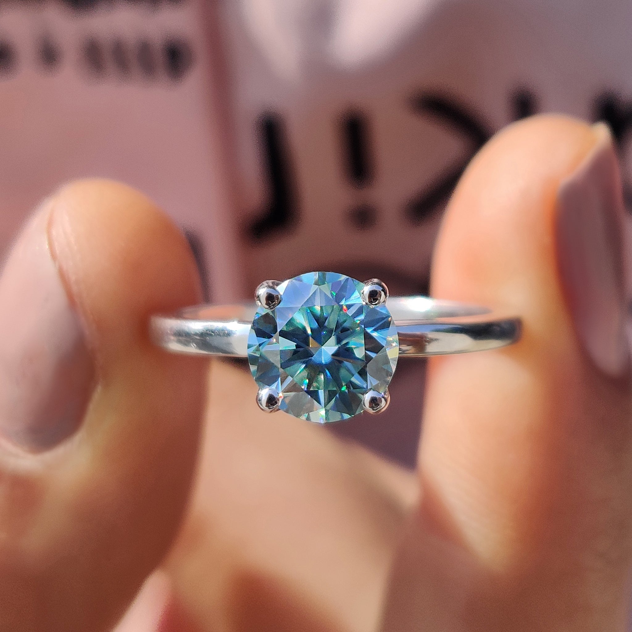Moissanite Solitaire Ring In Cyan Blue Stone