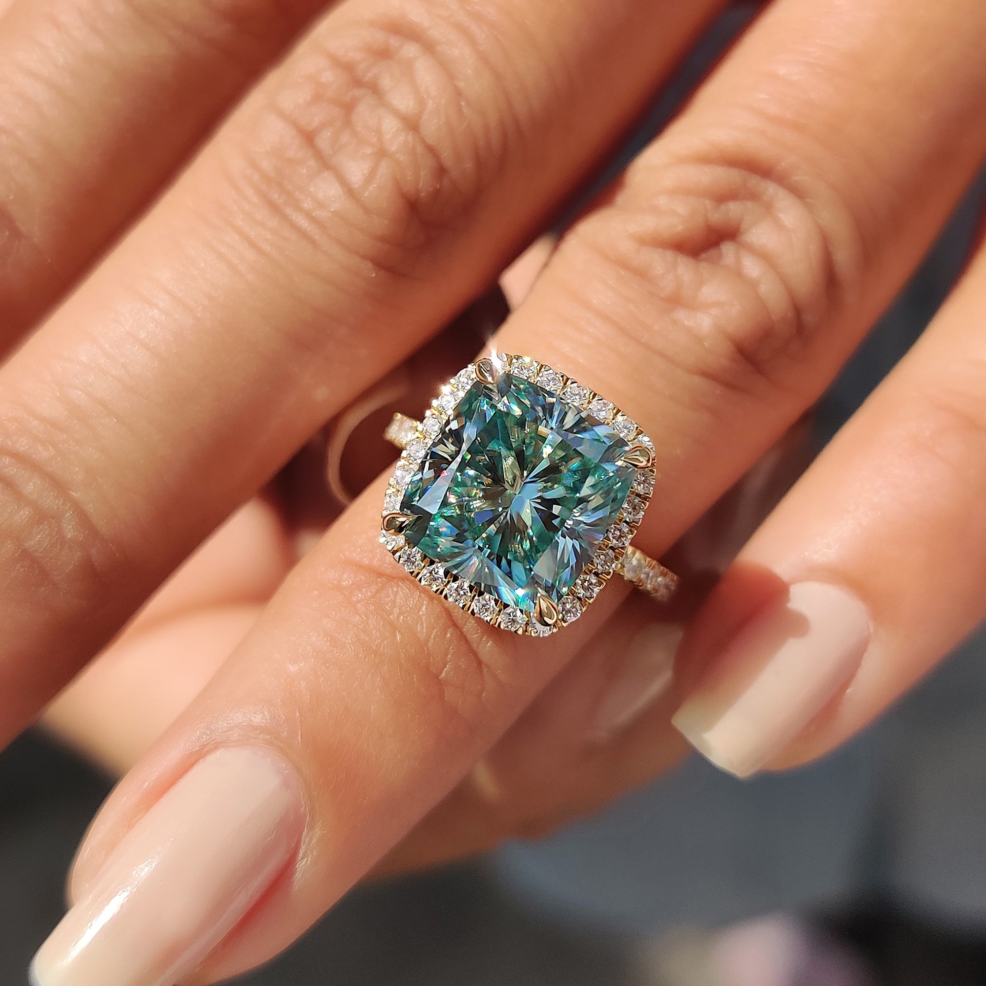 Cyan Blue Cushion Ring With Halo Setting Main image