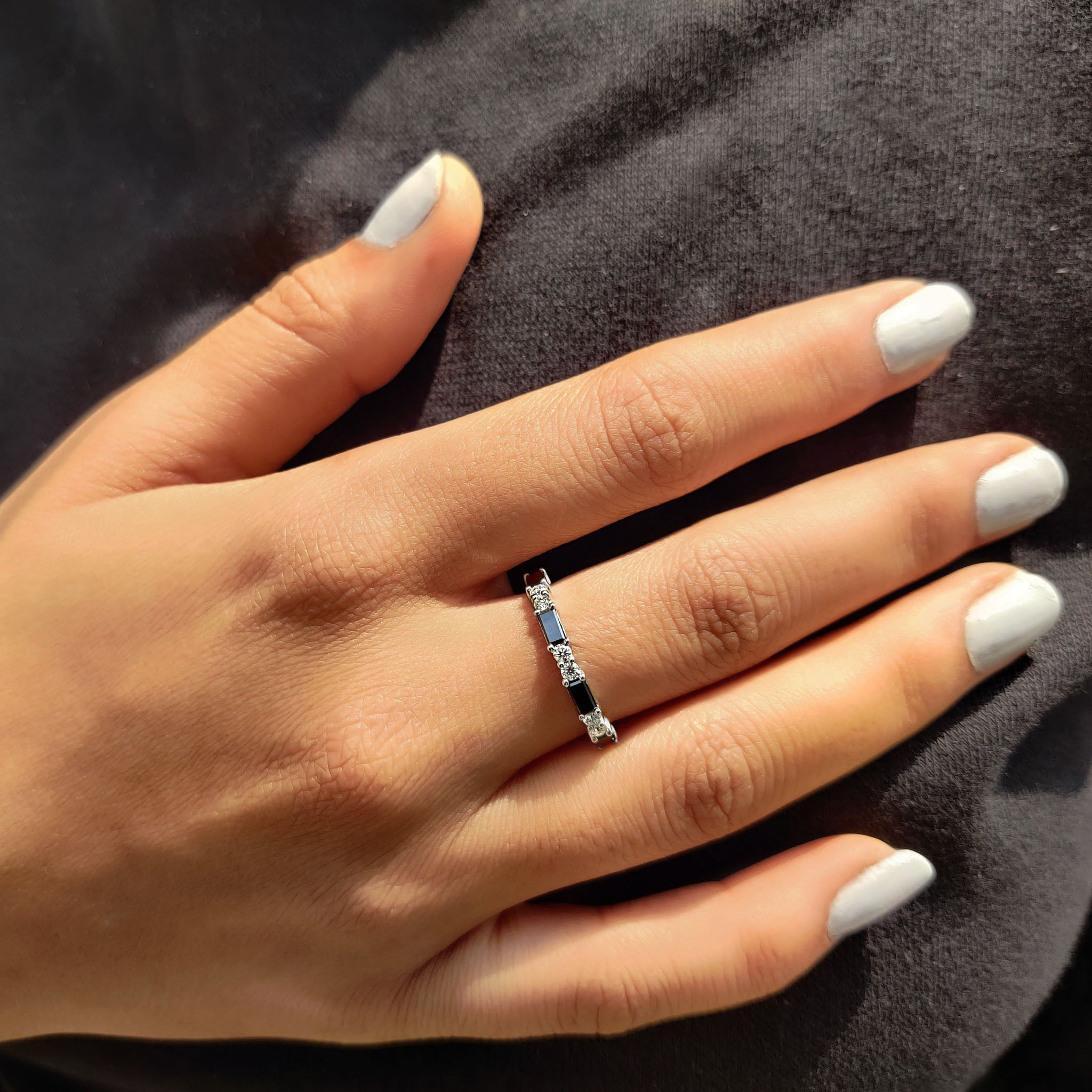 Black Baguette And Round Wedding Band In Eternity Style