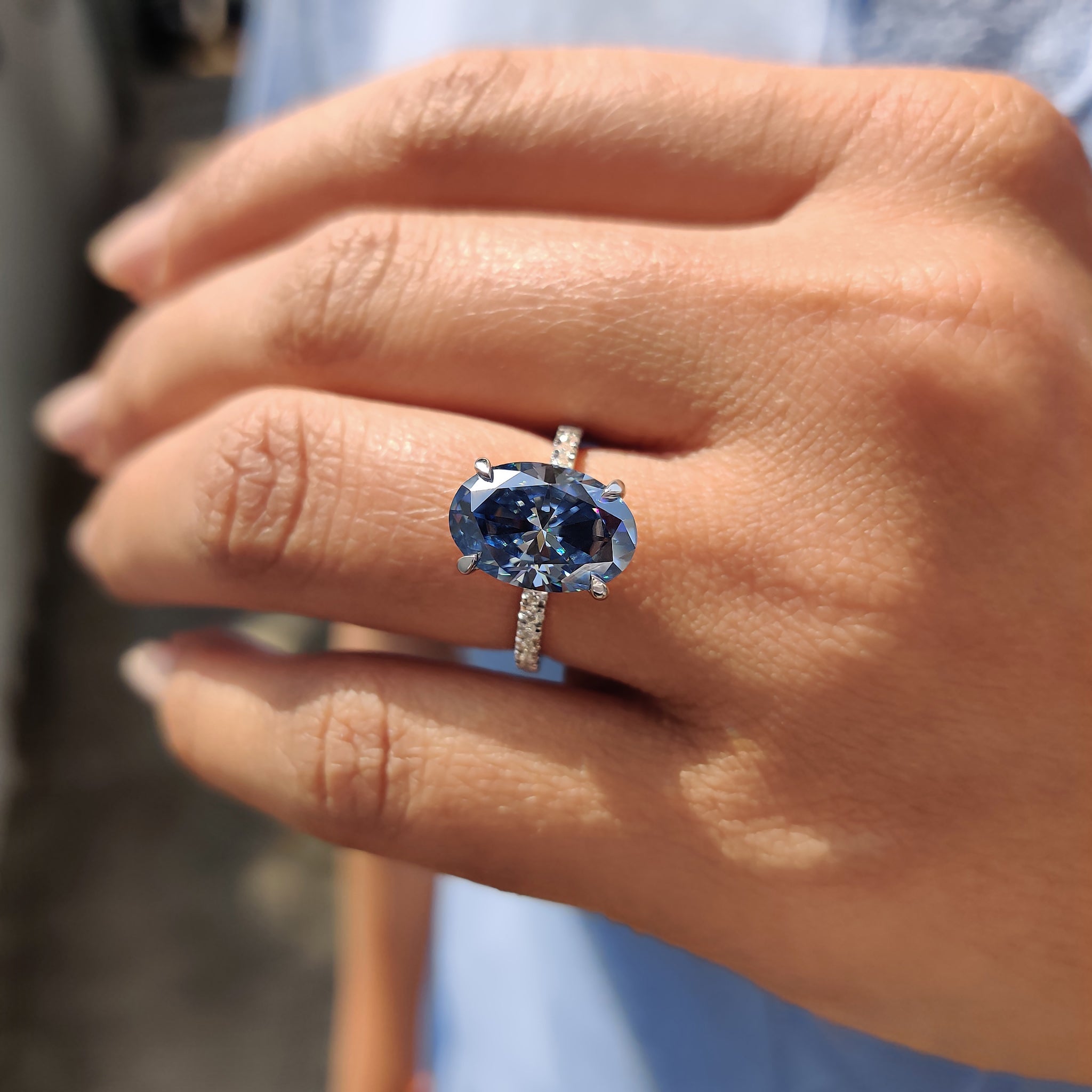 Royal Dark Blue Oval Hidden Halo Engagement Ring Secondary image