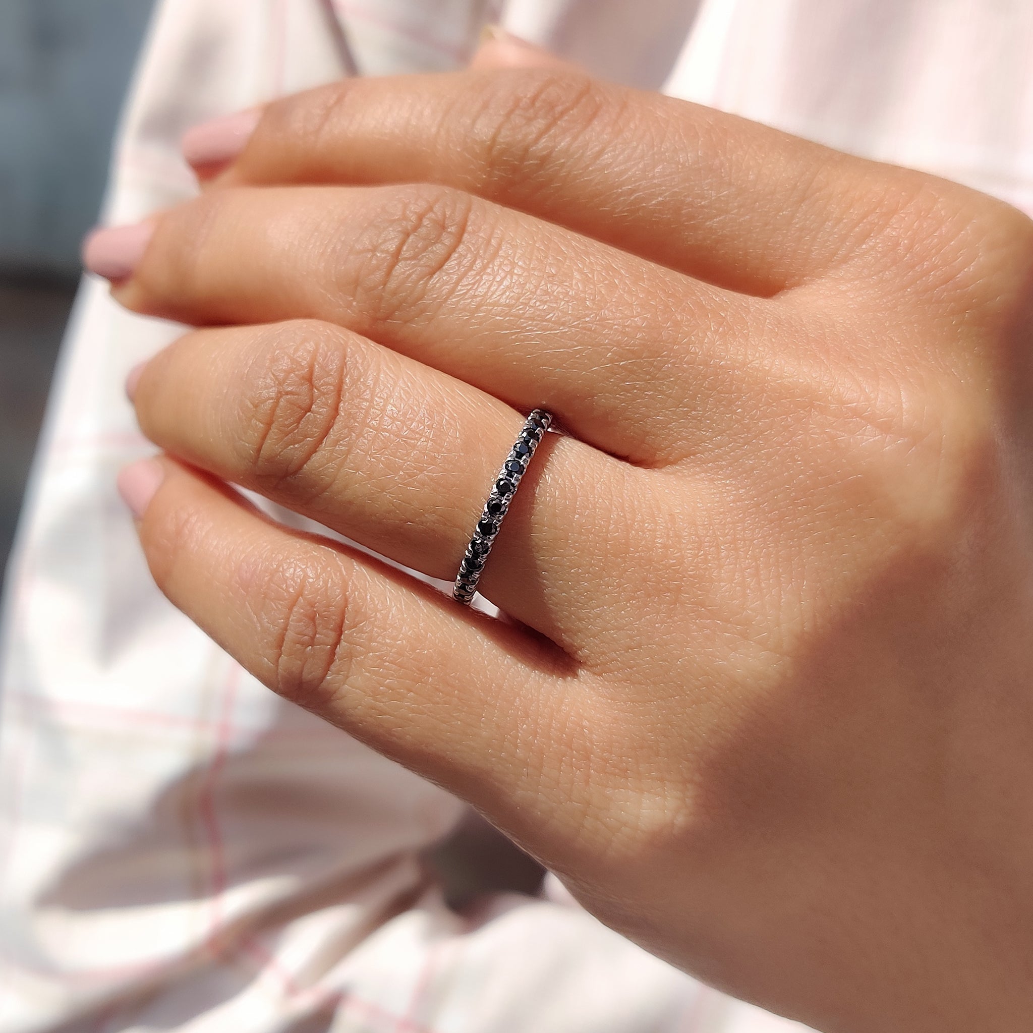 Round Cut Half Eternity Black Stone Wedding Band