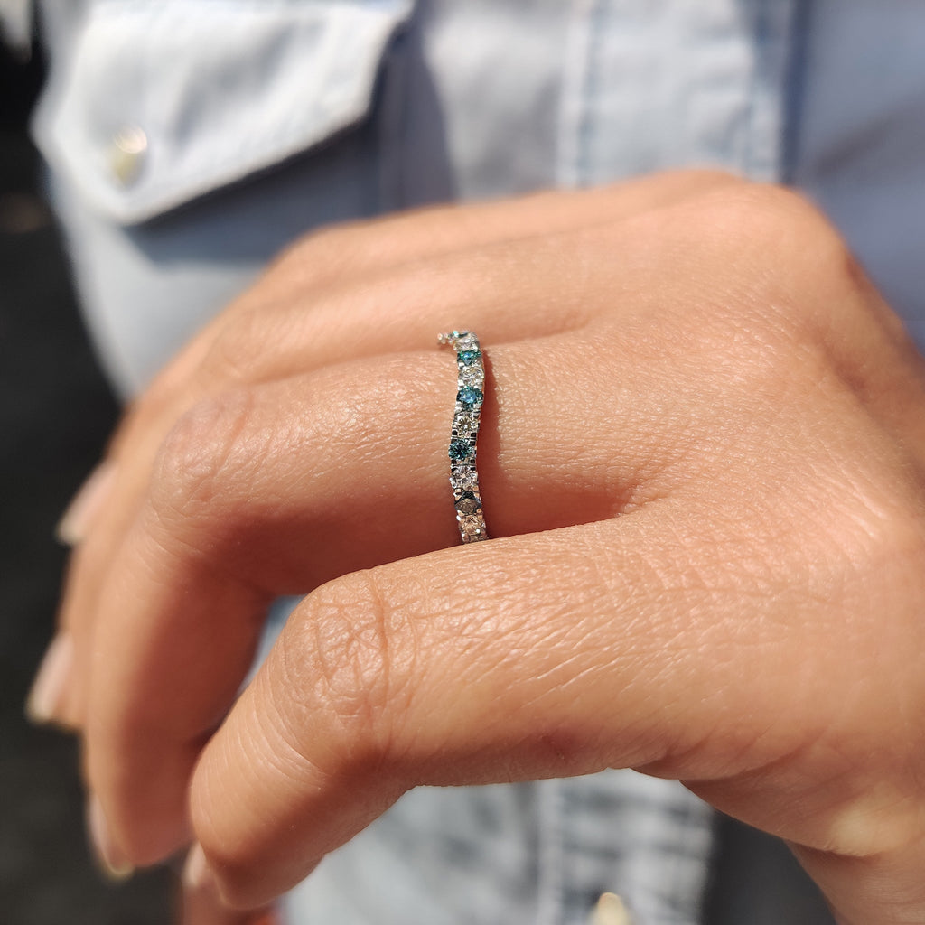 Curved Wedding Band With Round Cut Cyan Blue Stone