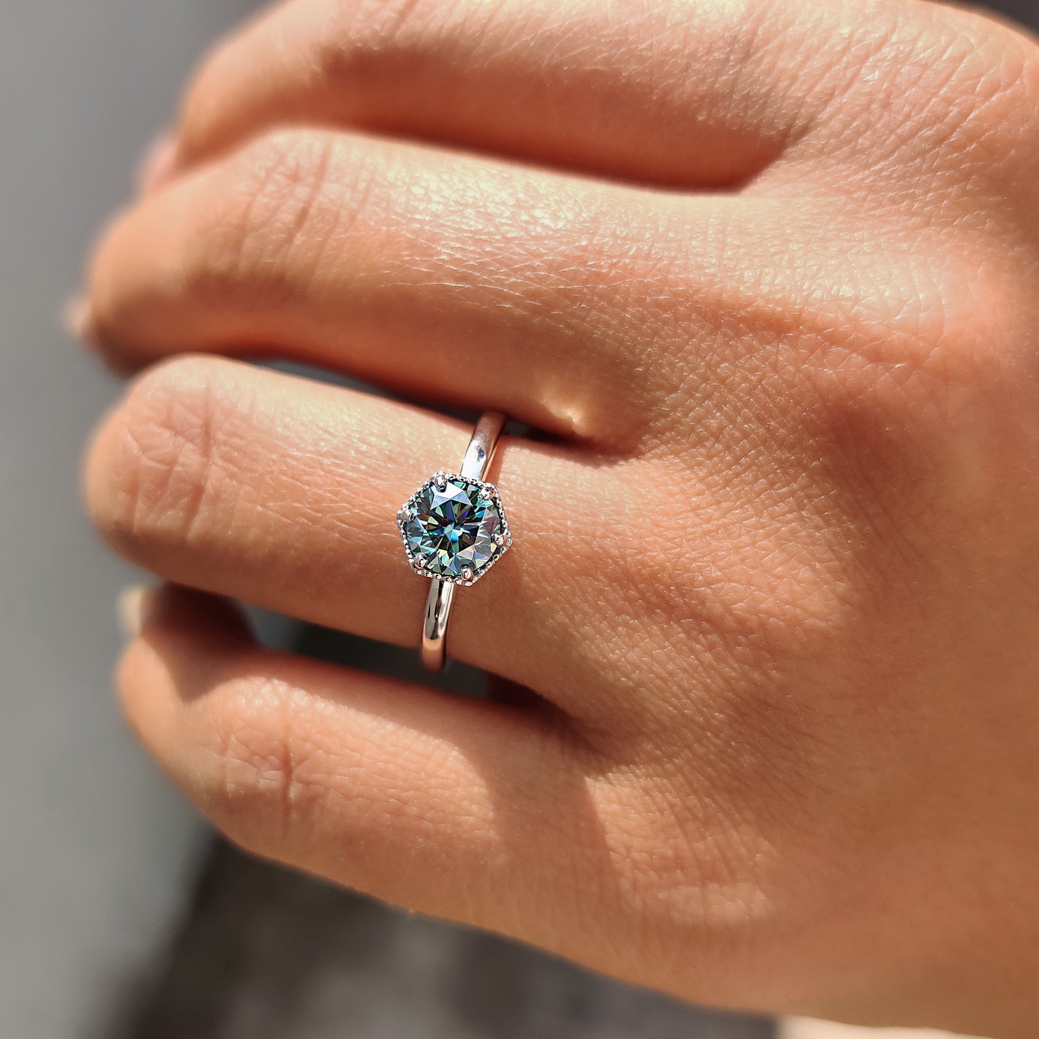 Solitaire Round Engagement Ring In Hexagon Framed