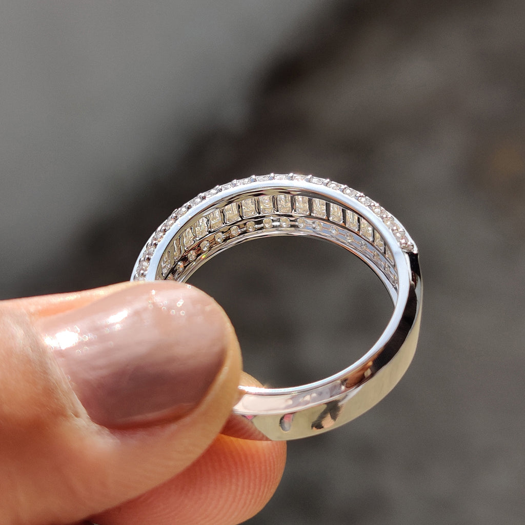 Baguette And Round Cut Wedding Band With Three Row Pave