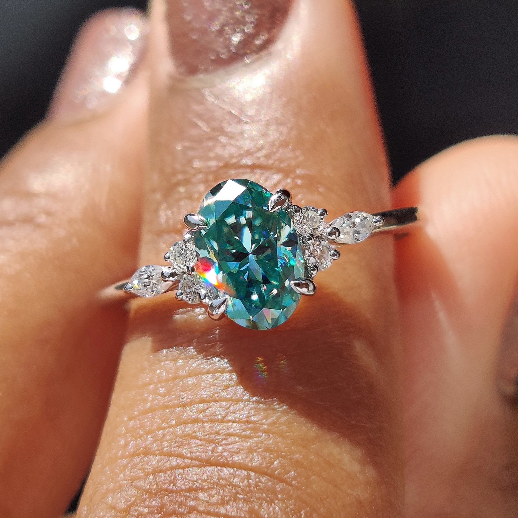 7 Stone Moissanite Ring With Oval Cyan Blue Moissanite