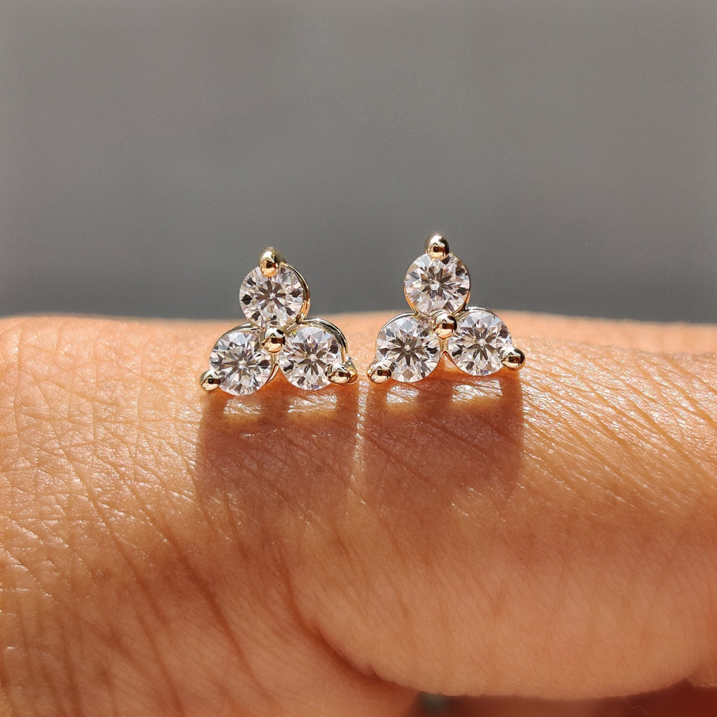 3 Stone Stud Earring In Round  Cut Moissanite