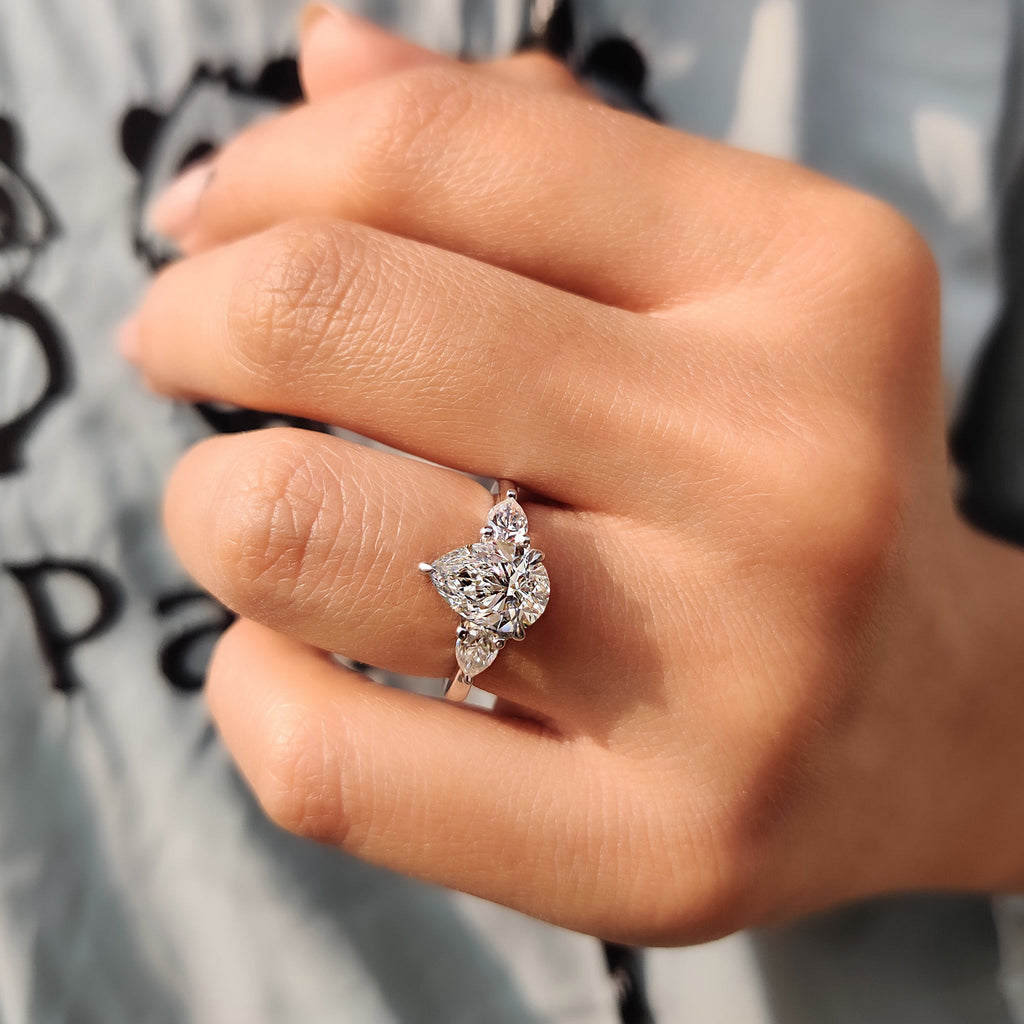 Three Stone Diamond Ring in Pear Diamond Setting
