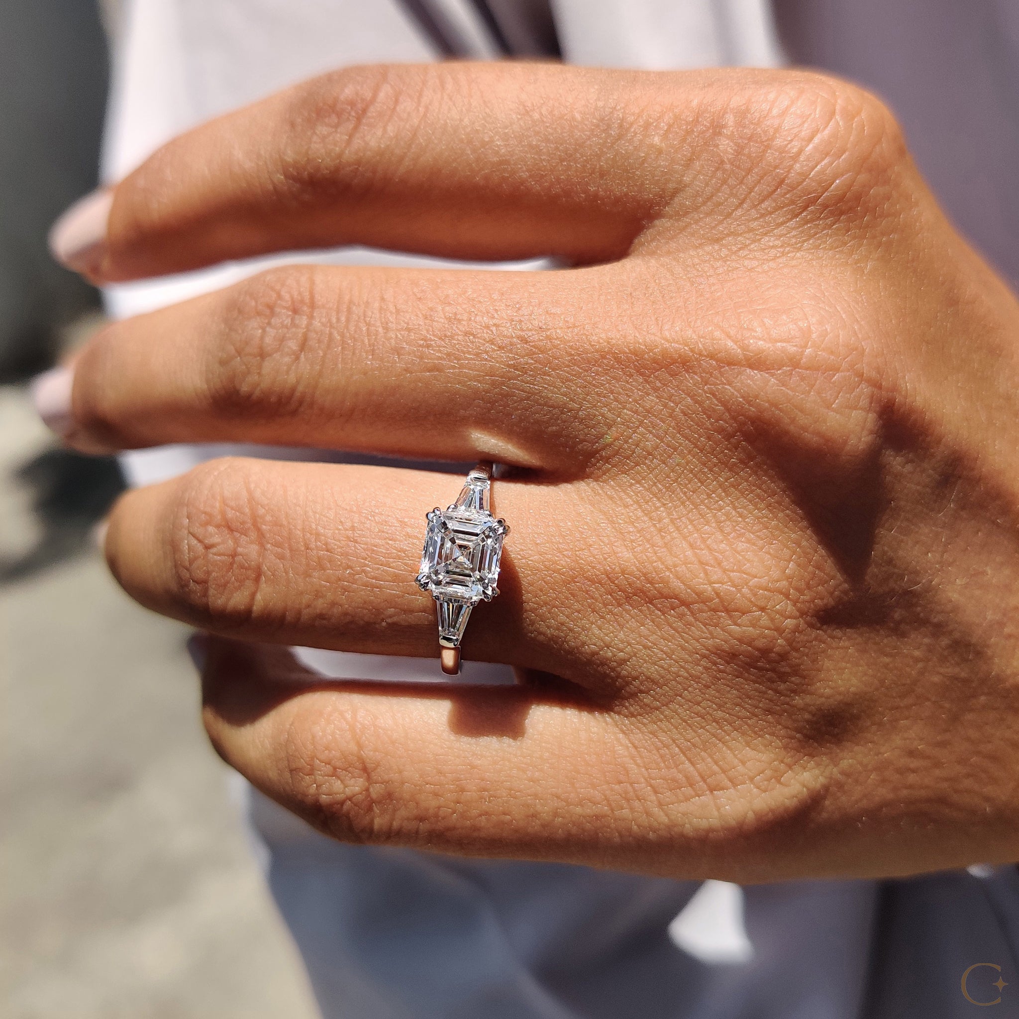 3 Stone Diamond Engagement Ring With Asscher and Baguette Secondary image