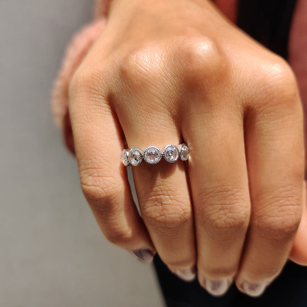 Round Rose Cut 5 Stone Wedding Band With Milgrain Set