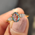 Cyan Blue Oval Rose Cut Ring with 2 Pear Side Stone