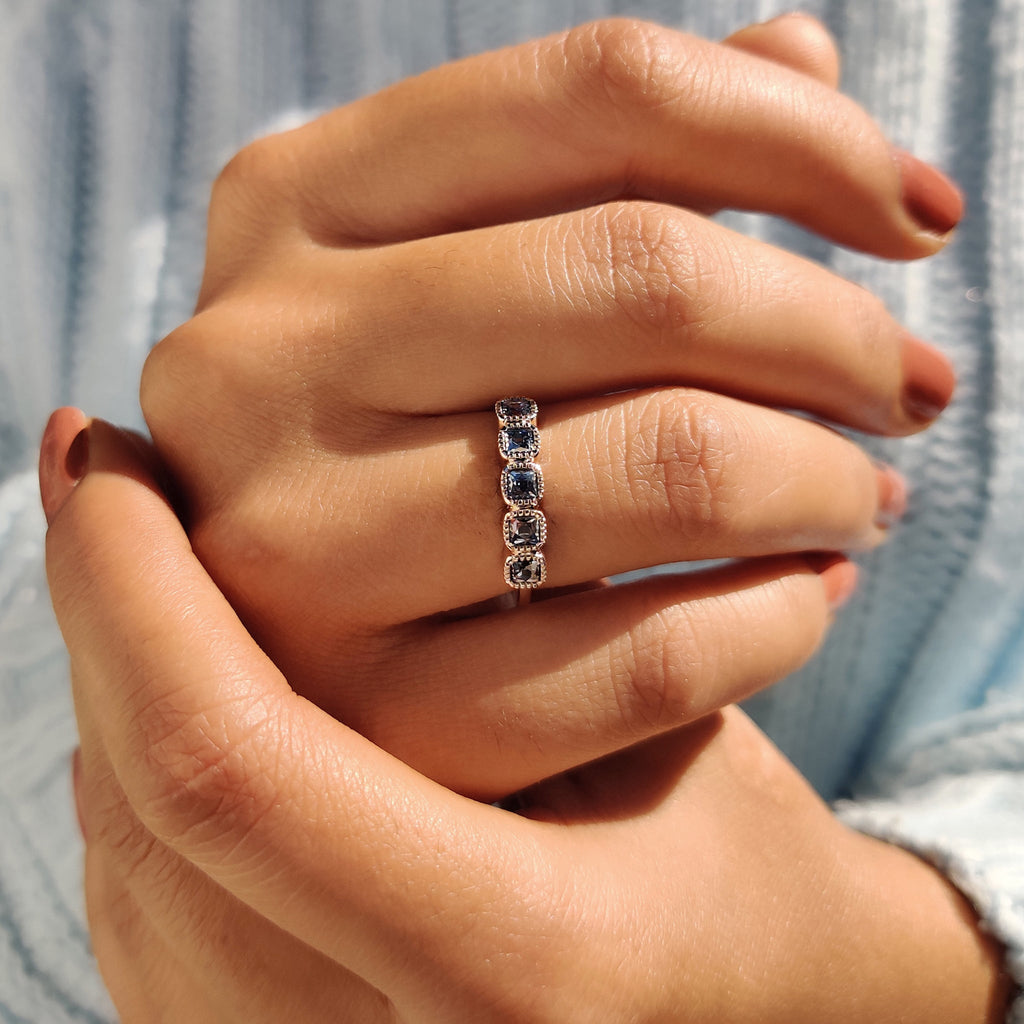 Royal Dark Blue Stone French Cut Half Eternity Wedding Band