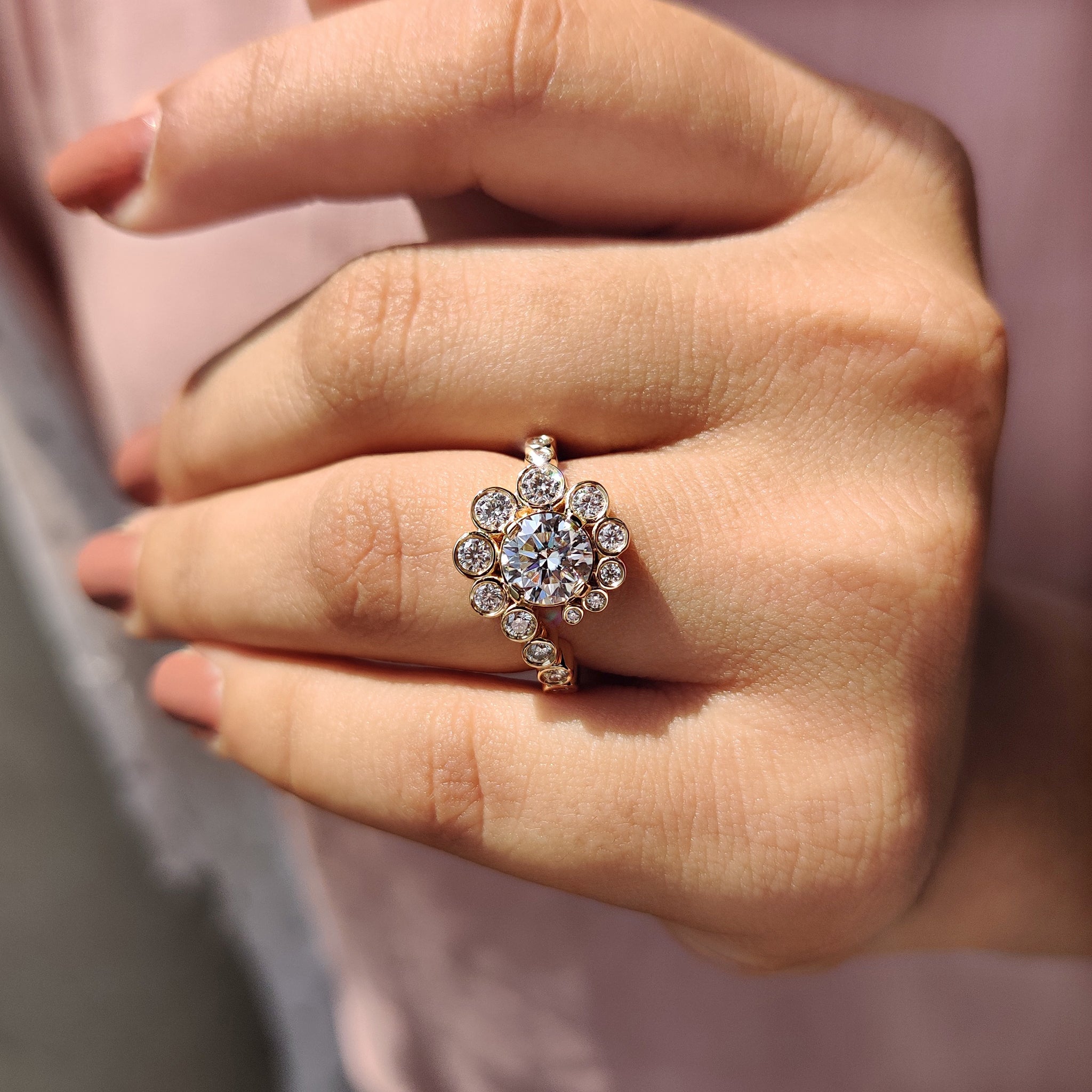 Round Halo Engagement Ring In Bezel Setting Style