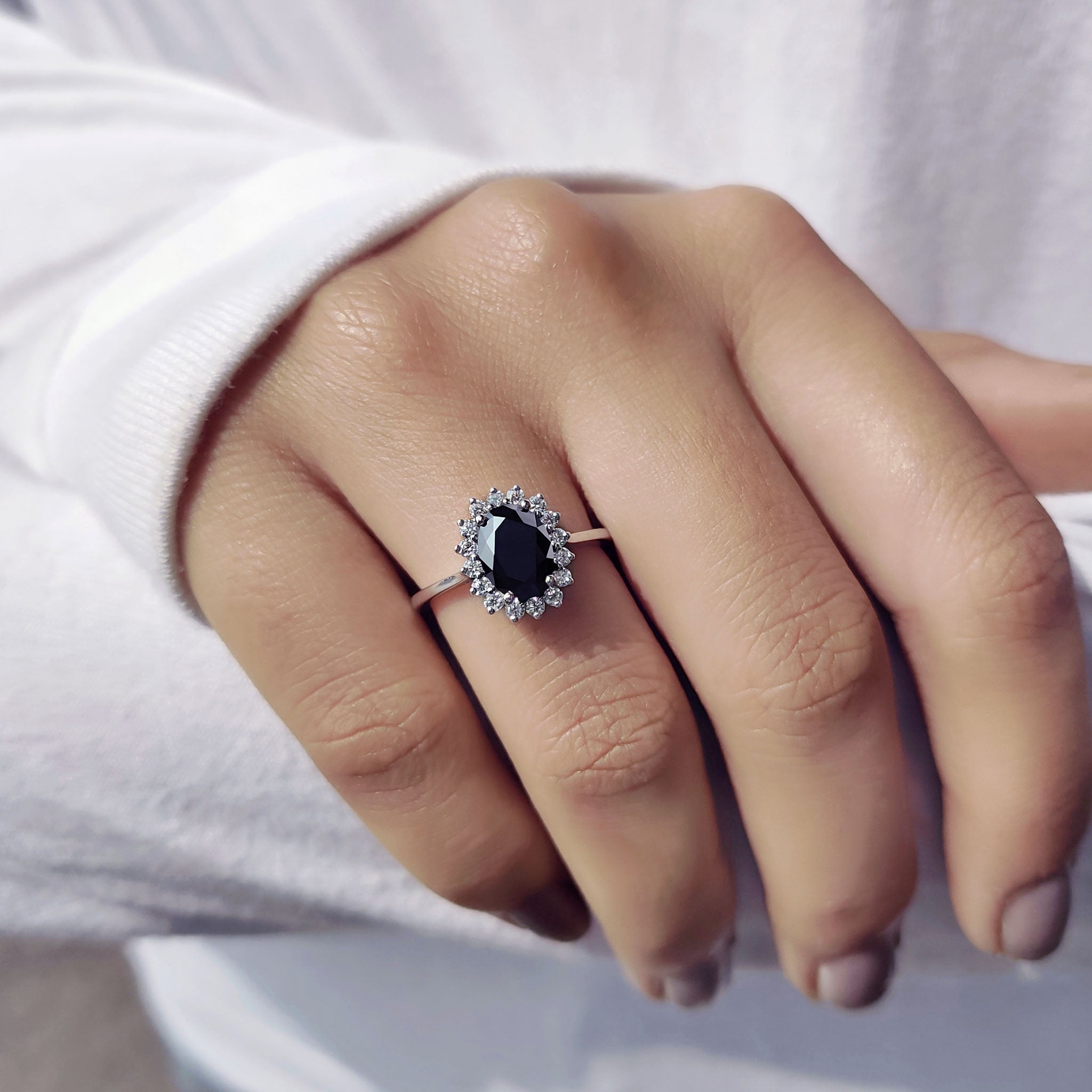 Tapered Shank Black Oval Engagement Ring