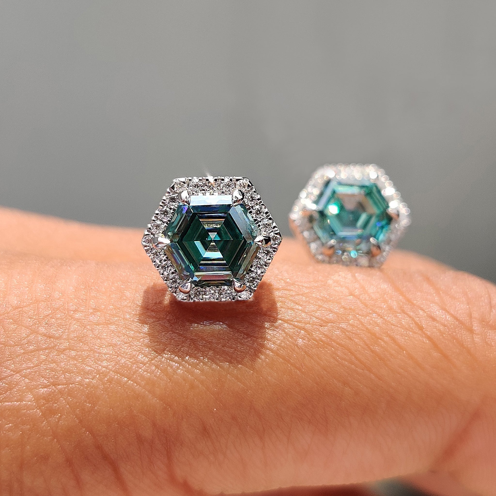 Cyan Blue Hexagon Step Cut Earrings In Halo Style