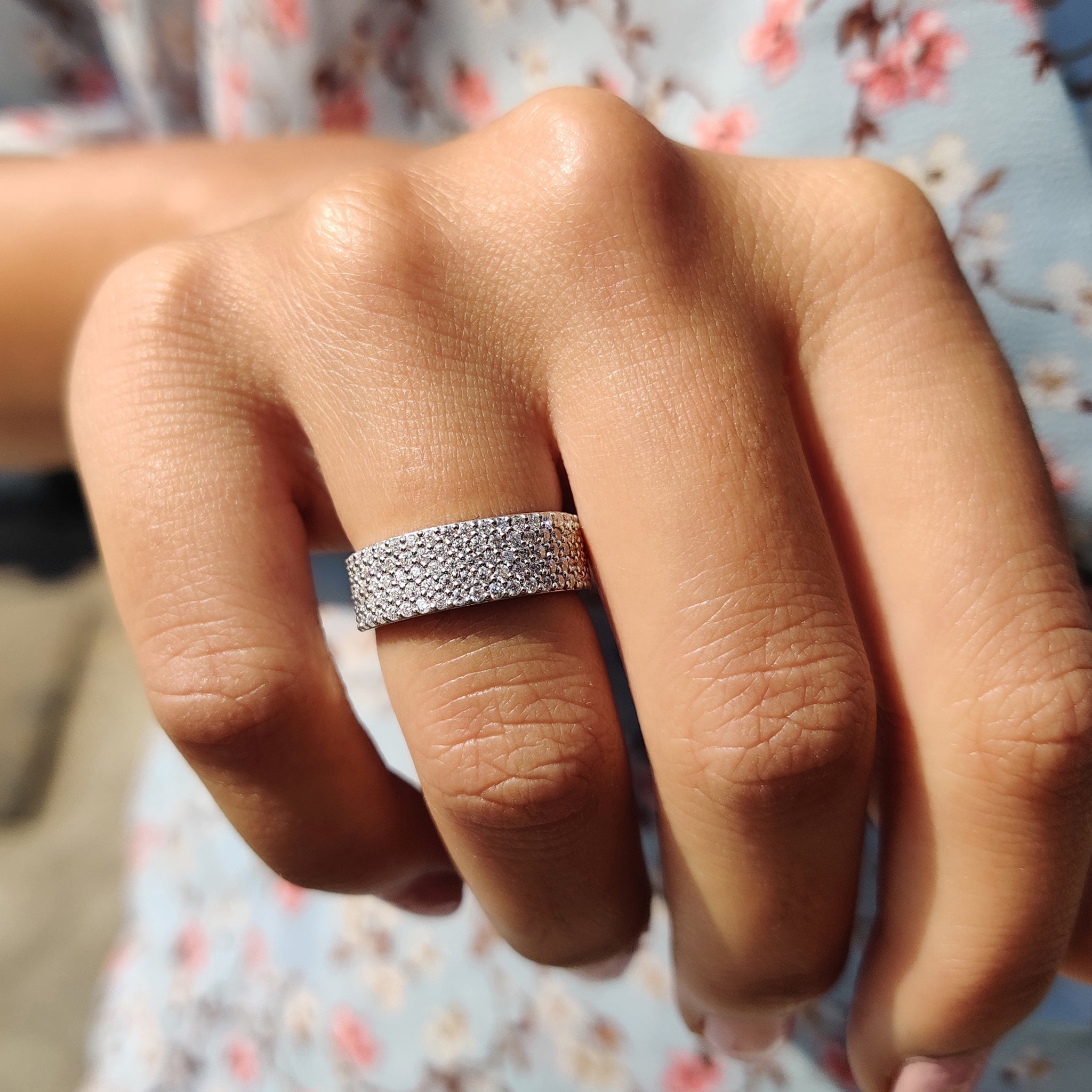 Round Cut Wedding Band With Multi Row Pave Style
