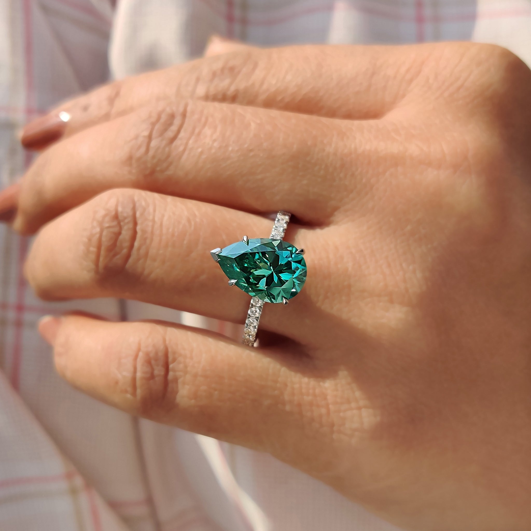 Green Moissanite Pear Ring With Pave Band