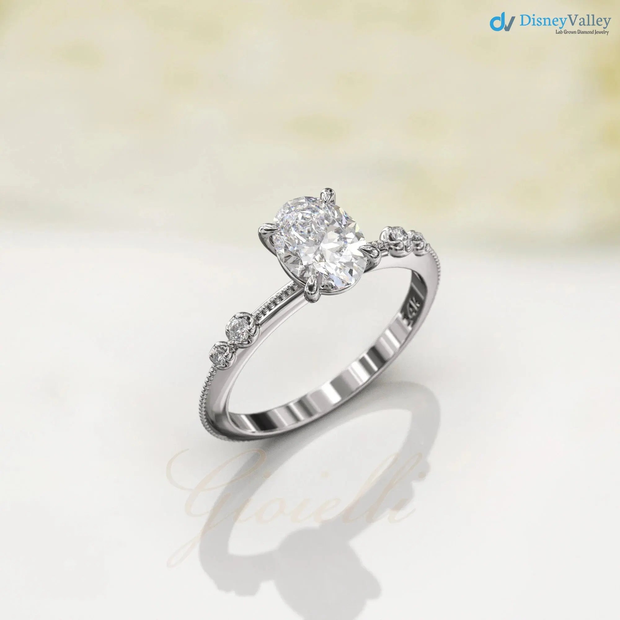 1ct unique oval Lab Grown 6X8mm, 1.3mm diamond knife edge engagement rings DisneyValley