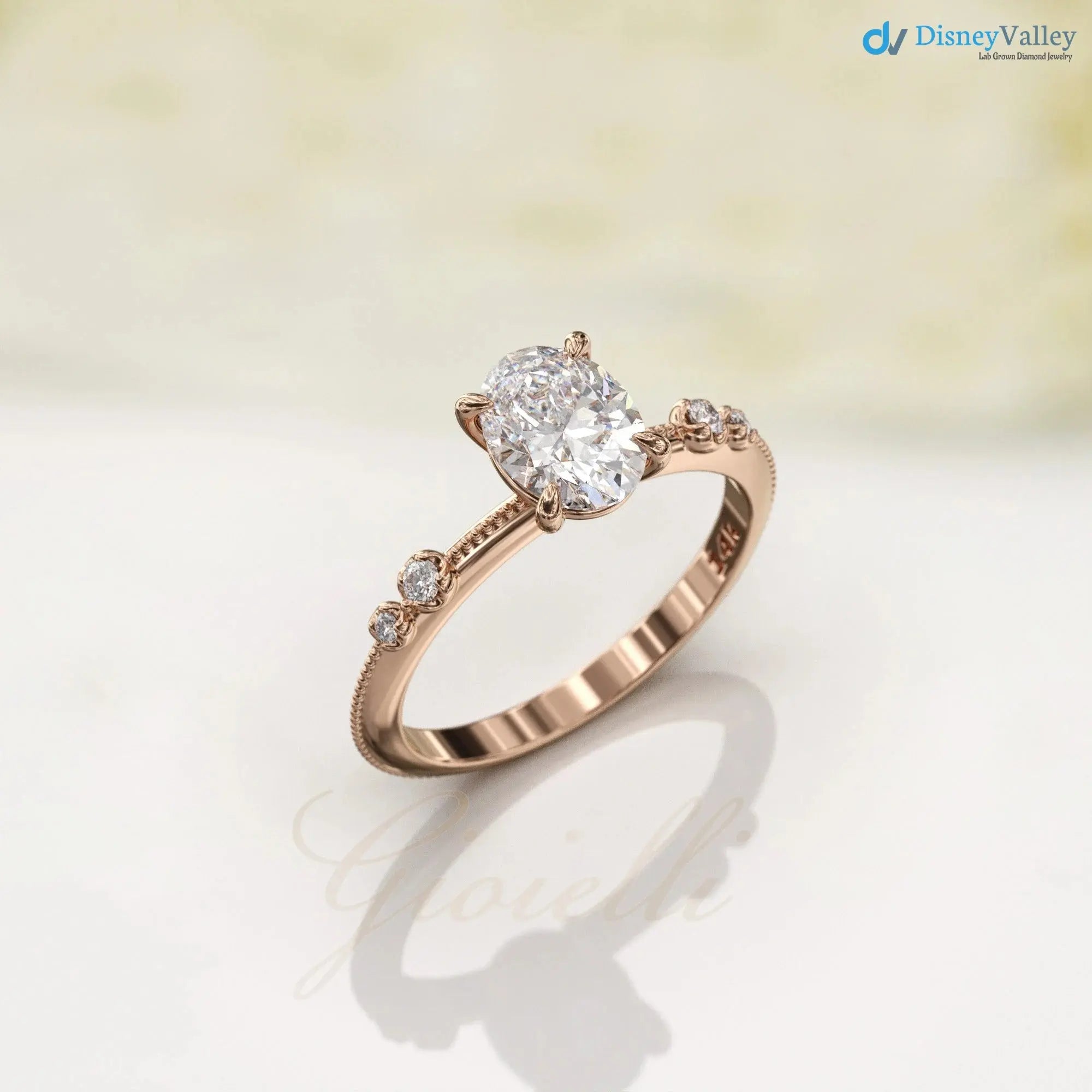 1ct unique oval Lab Grown 6X8mm, 1.3mm diamond knife edge engagement rings DisneyValley