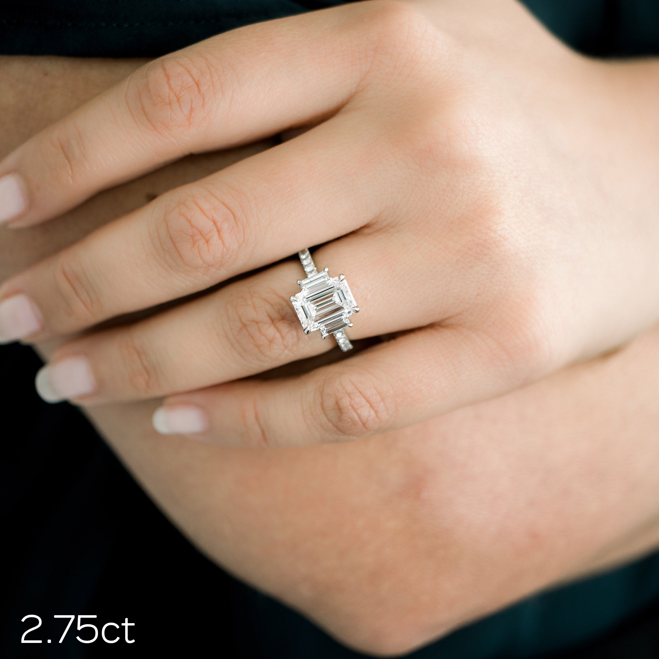 2.75 CT Emerald Moissanite Three Stones Pave Setting Engagement Ring