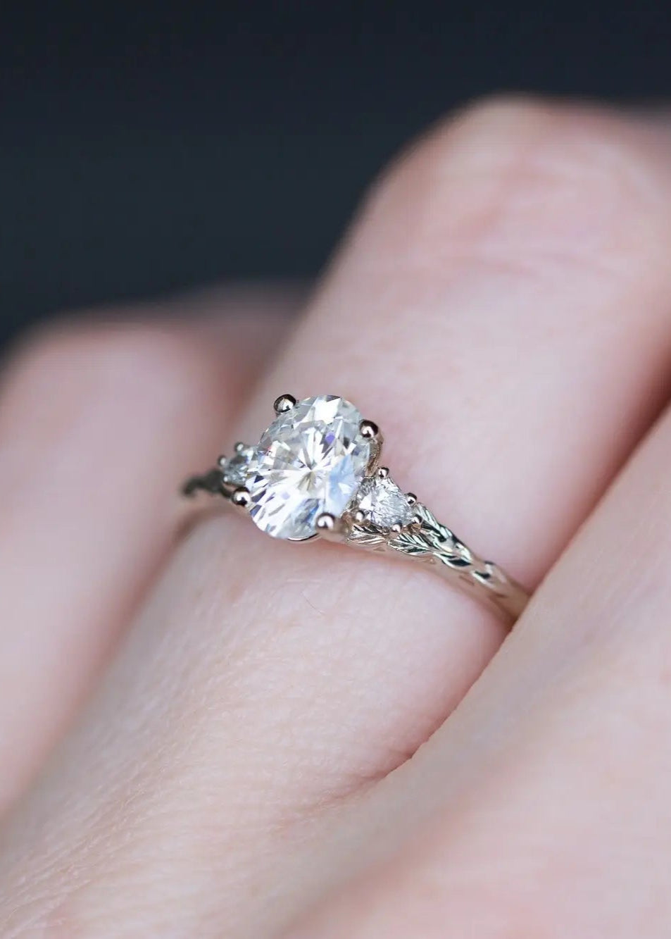 2 caret oval cut lab grown vintage style three stone diamond ring Secondary image