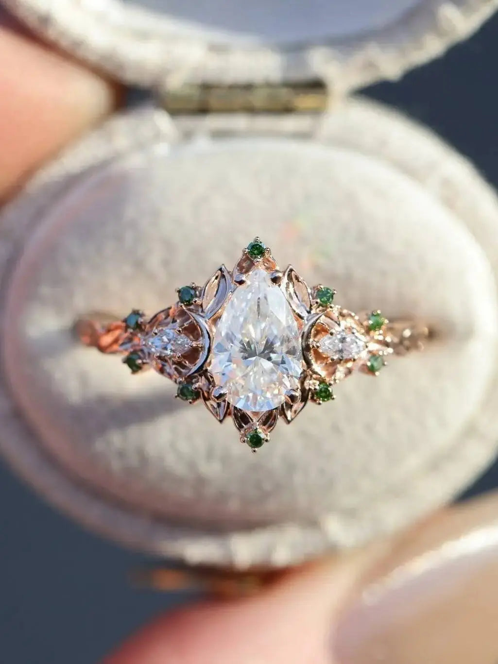 2 caret pear center lab grown with Briar moon three stone rings DisneyValley