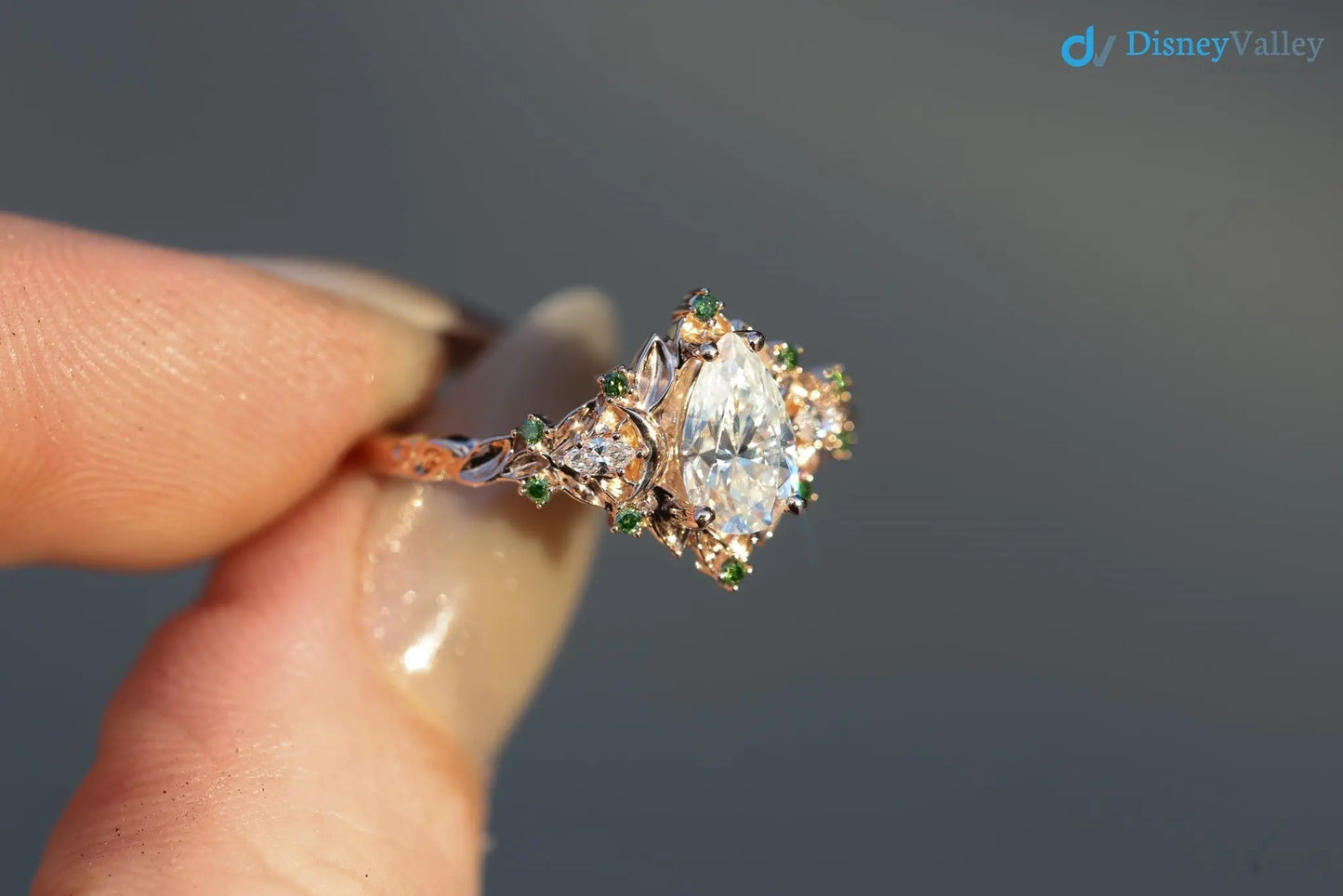 2 caret pear center lab grown with Briar moon three stone rings DisneyValley