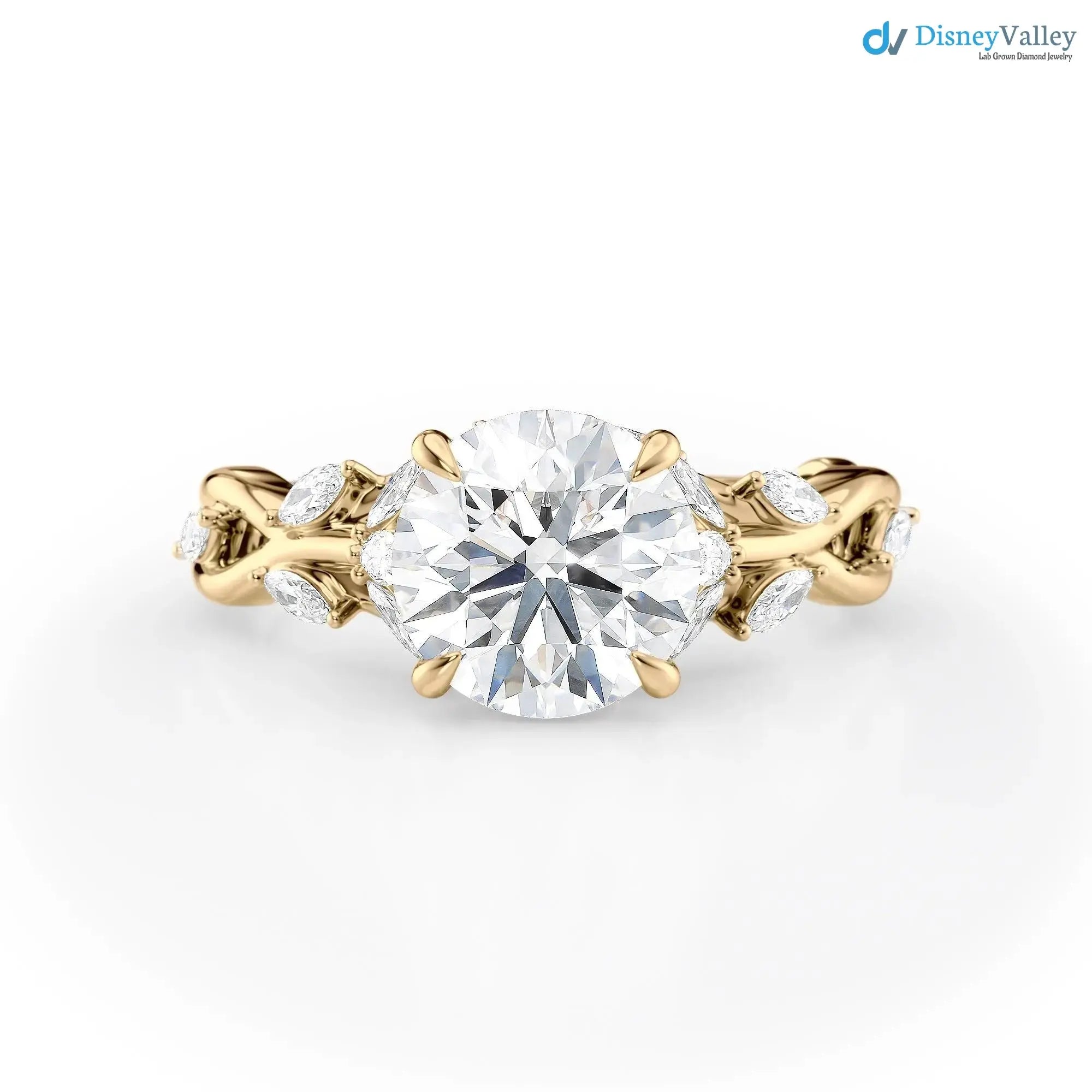 2.00CT Round Lab Diamond Engagement Ring – Twisted Vine Marquise Accents, 14K Gold, Nature-Inspired Bridal Jewelry DisneyValley