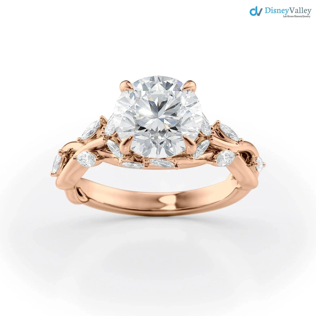 2.00CT Round Lab Diamond Engagement Ring – Twisted Vine Marquise Accents, 14K Gold, Nature-Inspired Bridal Jewelry DisneyValley