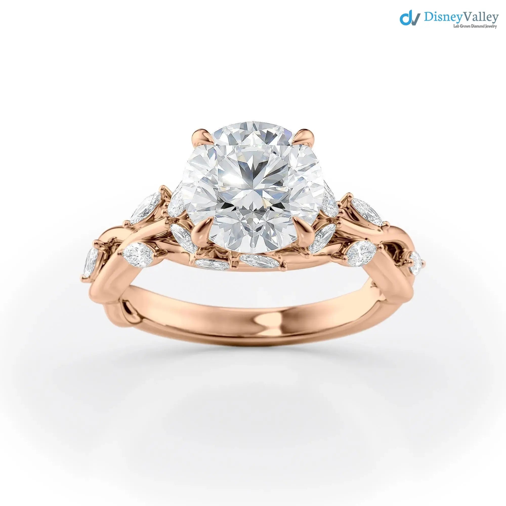 2.00CT Round Lab Diamond Engagement Ring – Twisted Vine Marquise Accents, 14K Gold, Nature-Inspired Bridal Jewelry DisneyValley