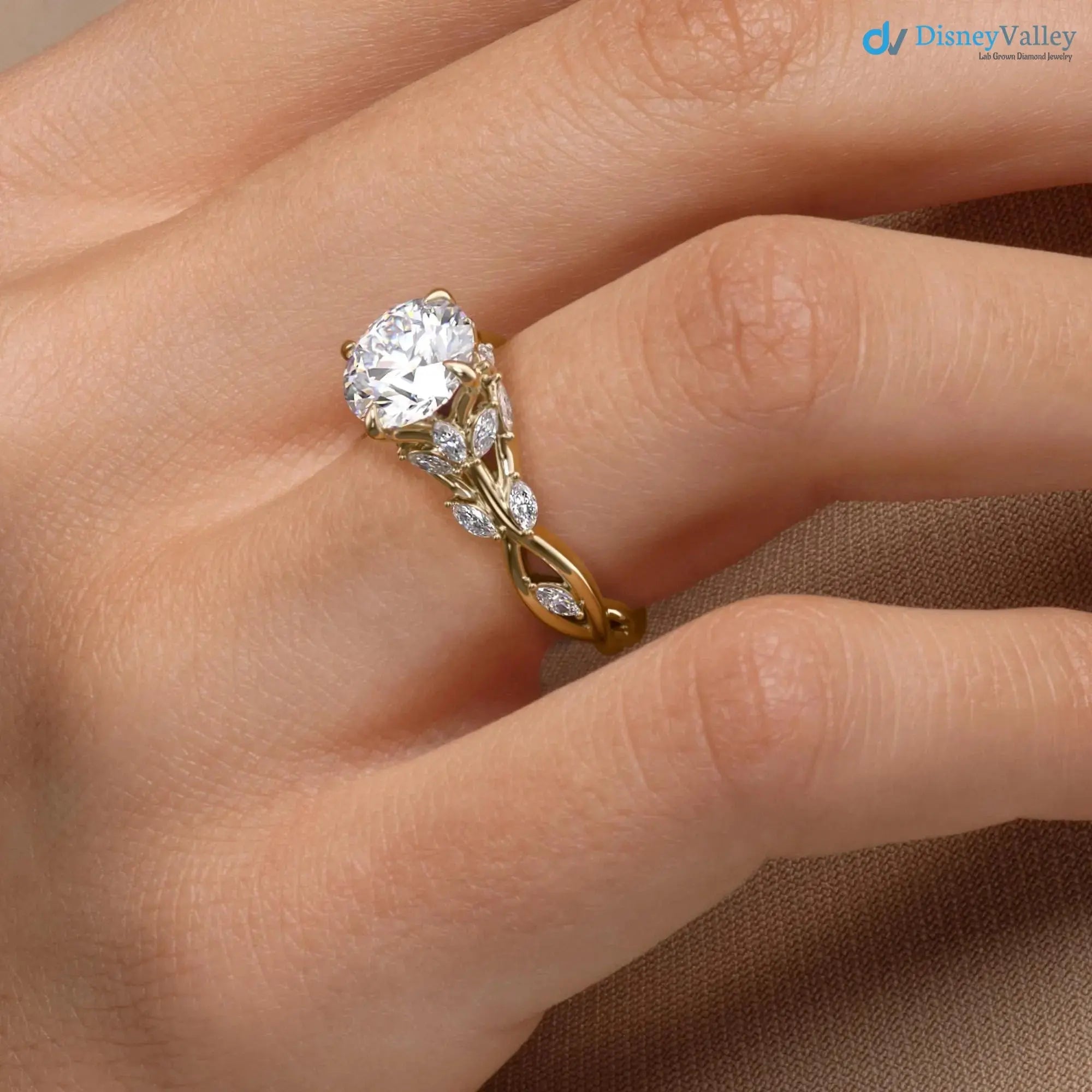 2.00CT Round Lab Diamond Engagement Ring – Twisted Vine Marquise Accents, 14K Gold, Nature-Inspired Bridal Jewelry DisneyValley