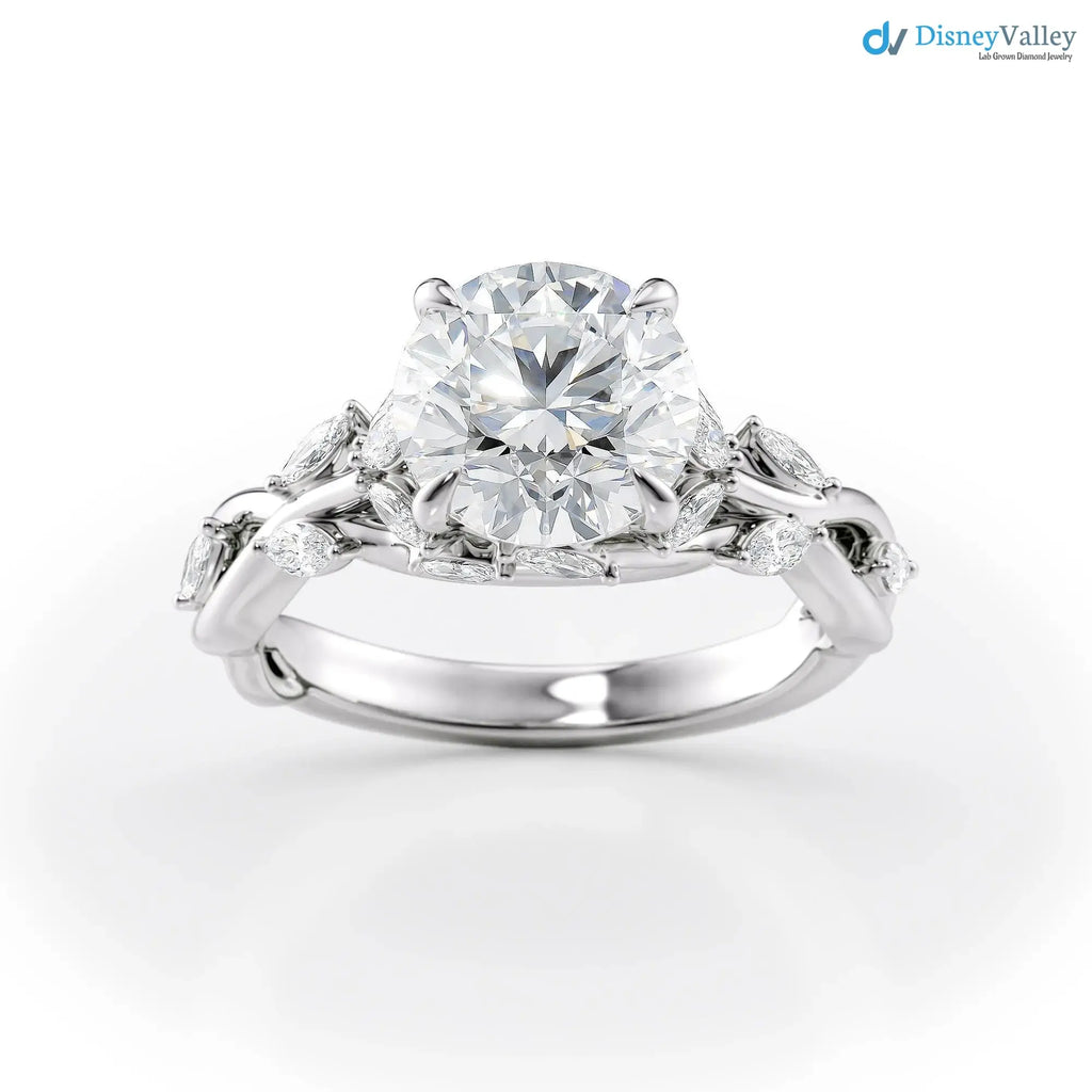 2.00CT Round Lab Diamond Engagement Ring – Twisted Vine Marquise Accents, 14K Gold, Nature-Inspired Bridal Jewelry DisneyValley