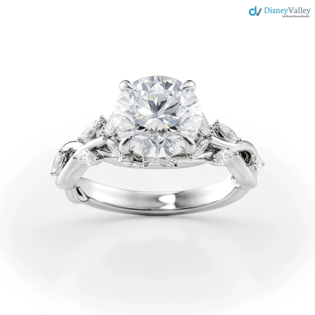 2.00CT Round Lab Diamond Engagement Ring – Twisted Vine Marquise Accents, 14K Gold, Nature-Inspired Bridal Jewelry DisneyValley