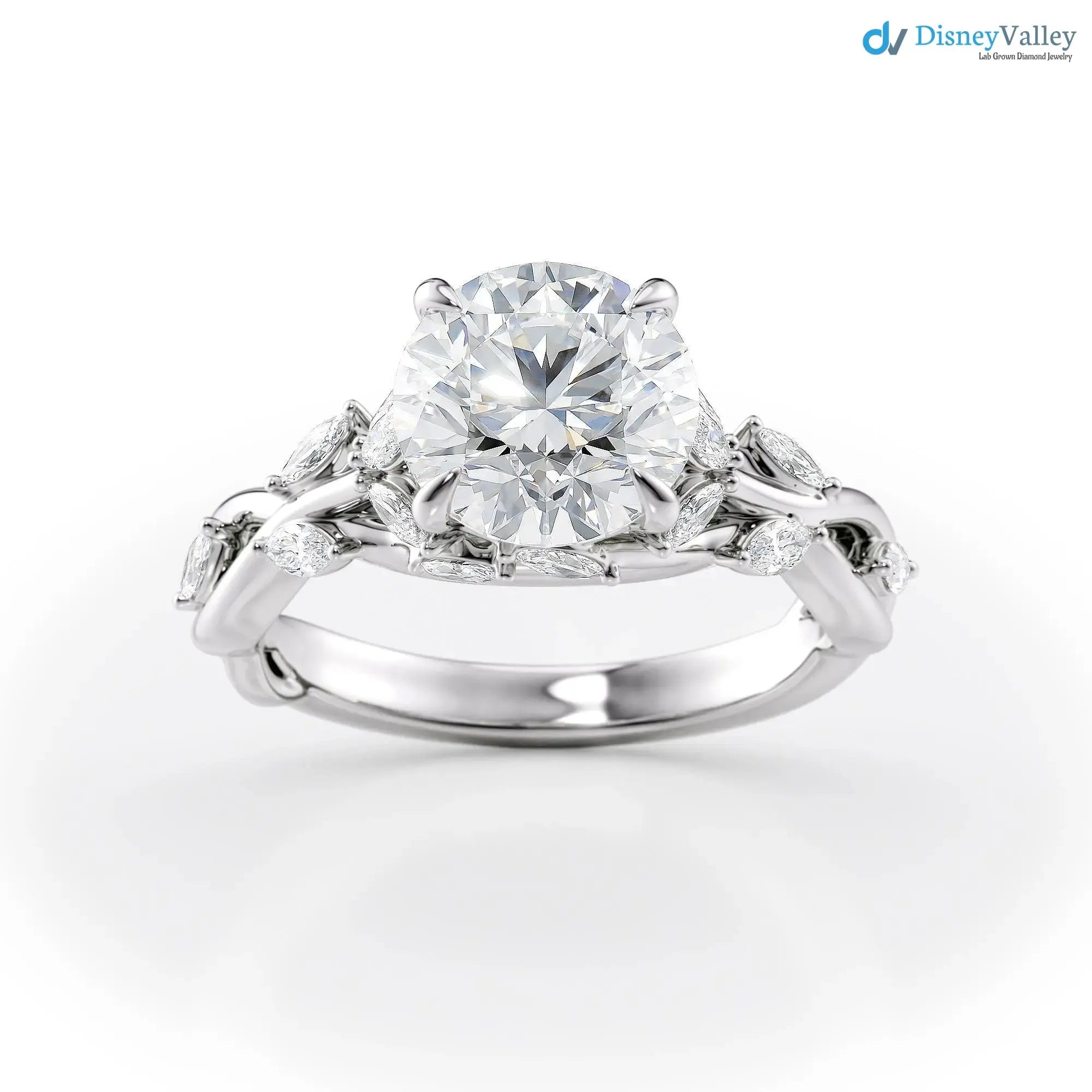 2.00CT Round Lab Diamond Engagement Ring – Twisted Vine Marquise Accents, 14K Gold, Nature-Inspired Bridal Jewelry DisneyValley