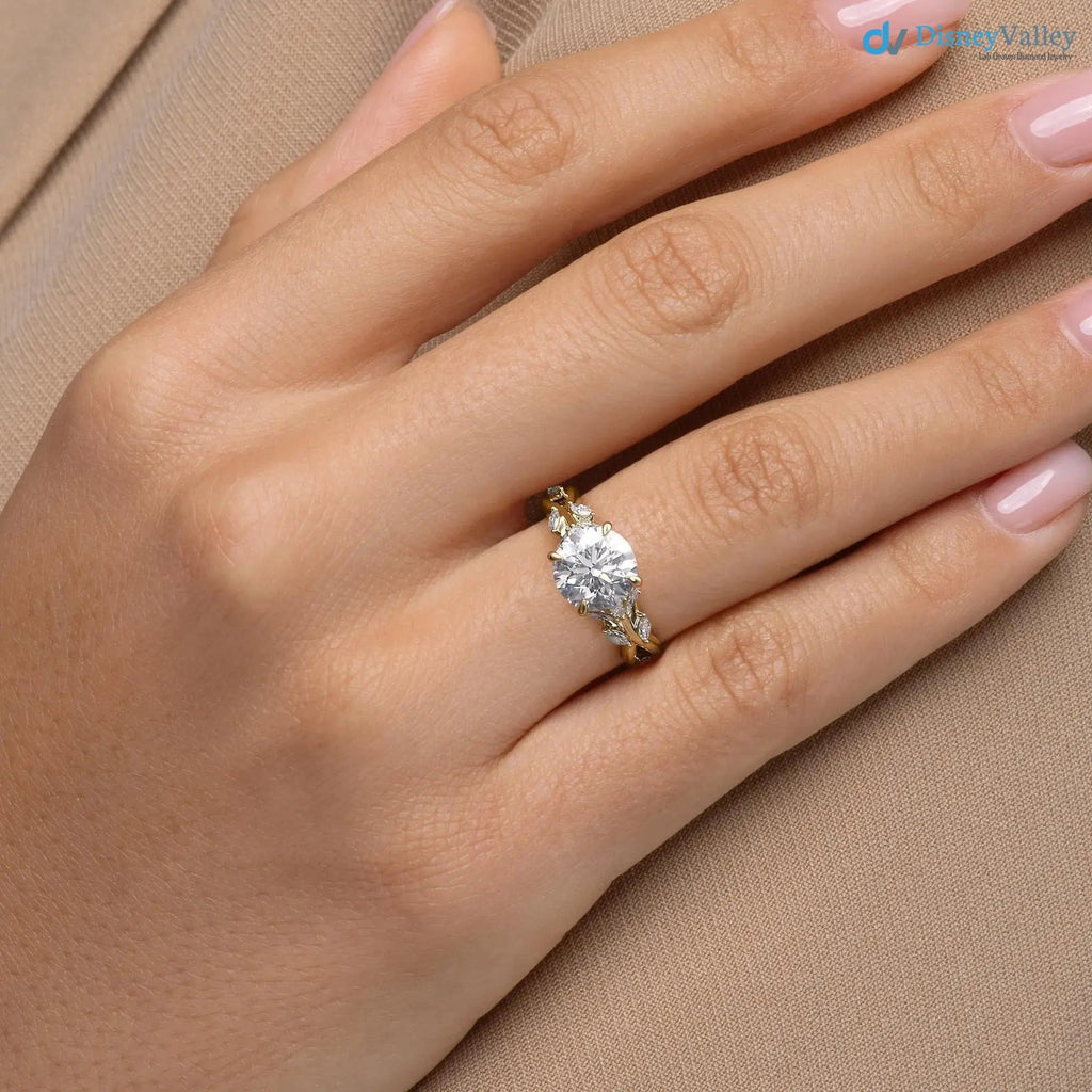 2.00CT Round Lab Diamond Engagement Ring – Twisted Vine Marquise Accents, 14K Gold, Nature-Inspired Bridal Jewelry DisneyValley