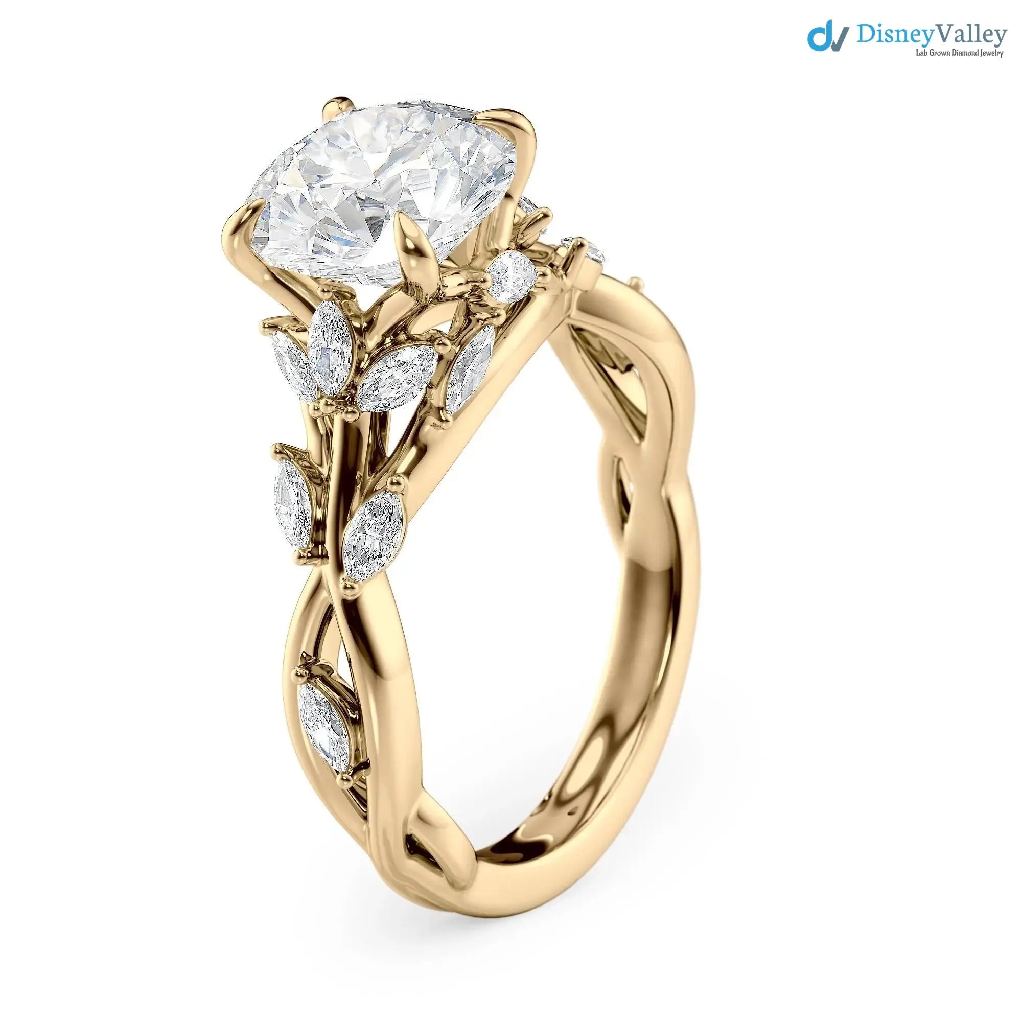2.00CT Round Lab Diamond Engagement Ring – Twisted Vine Marquise Accents, 14K Gold, Nature-Inspired Bridal Jewelry DisneyValley