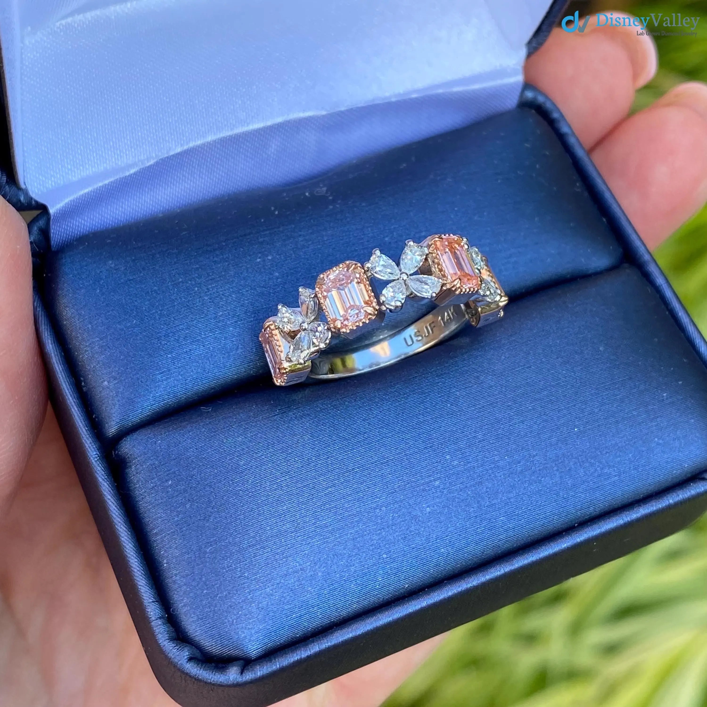 2.30ct Pink Emerald Cut and Pear Cluster Lab Grown Diamond Gold Band DisneyValley