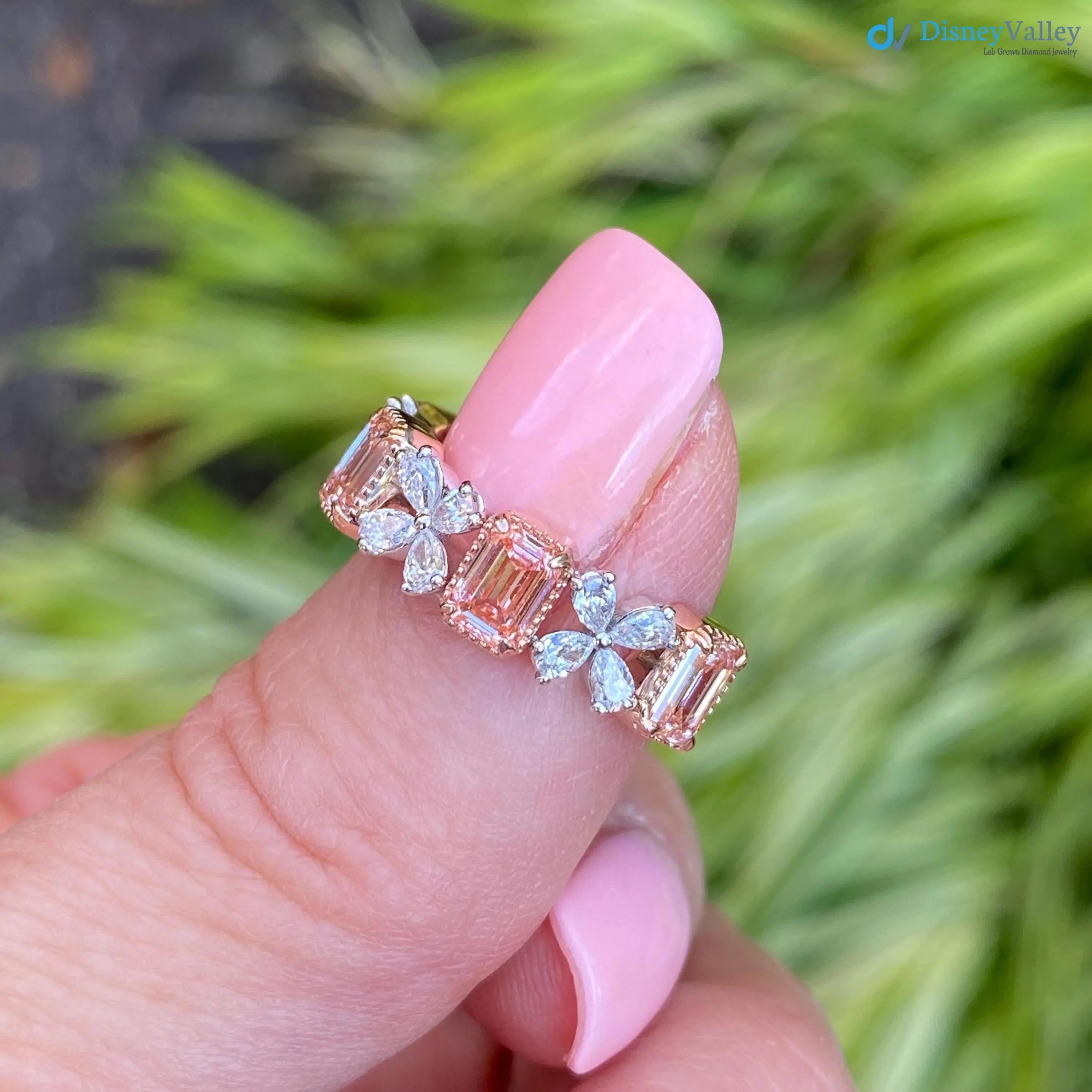 2.30ct Pink Emerald Cut and Pear Cluster Lab Grown Diamond Gold Band DisneyValley