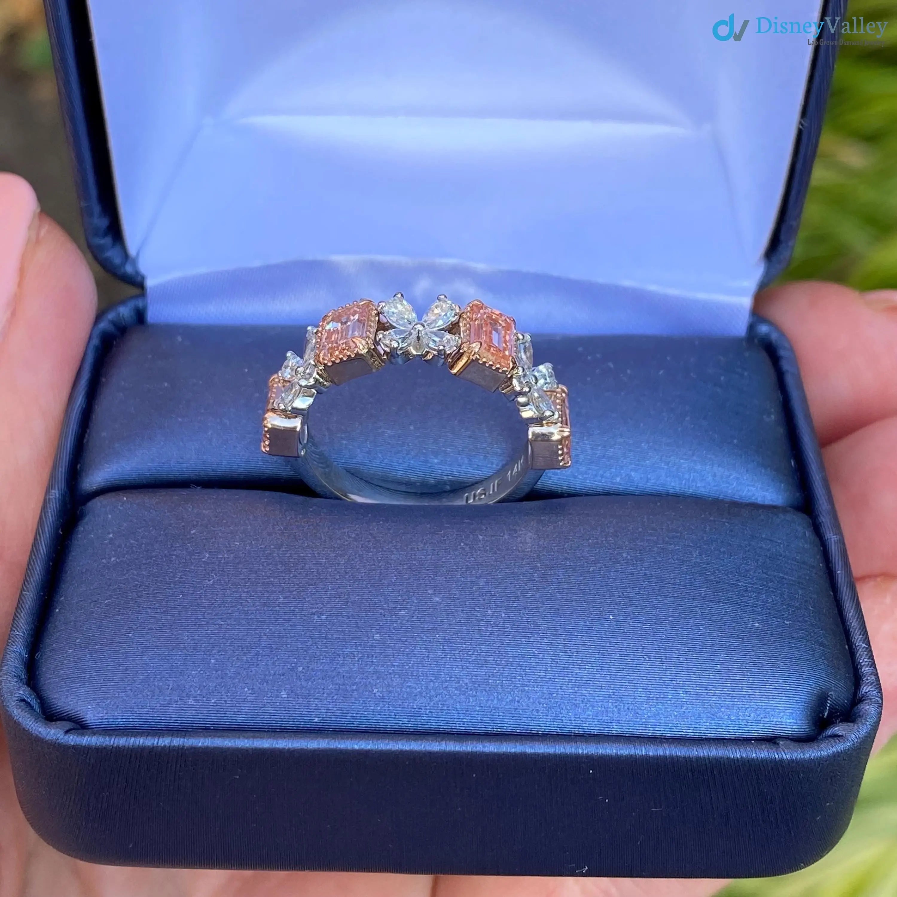 2.30ct Pink Emerald Cut and Pear Cluster Lab Grown Diamond Gold Band DisneyValley