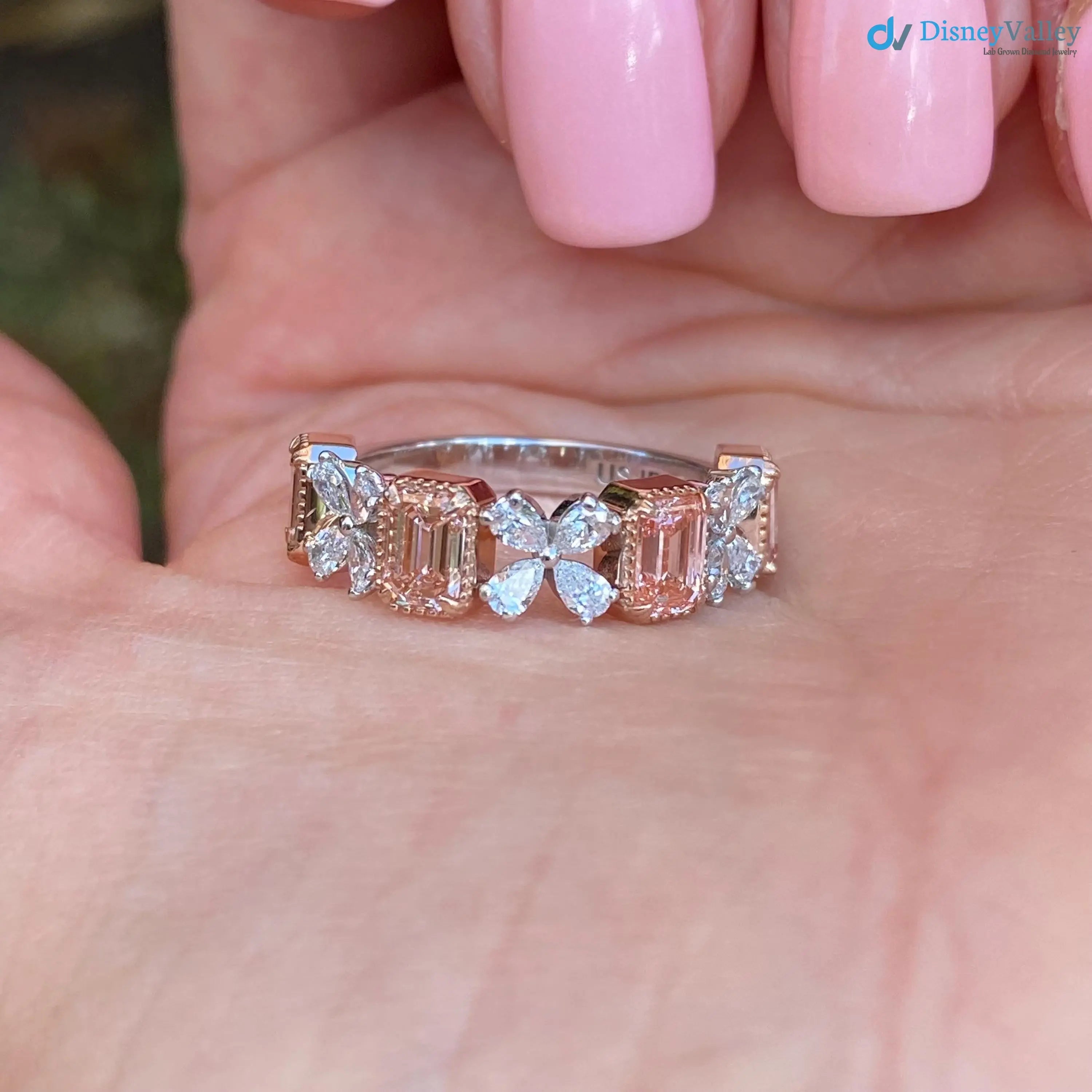 2.30ct Pink Emerald Cut and Pear Cluster Lab Grown Diamond Gold Band DisneyValley
