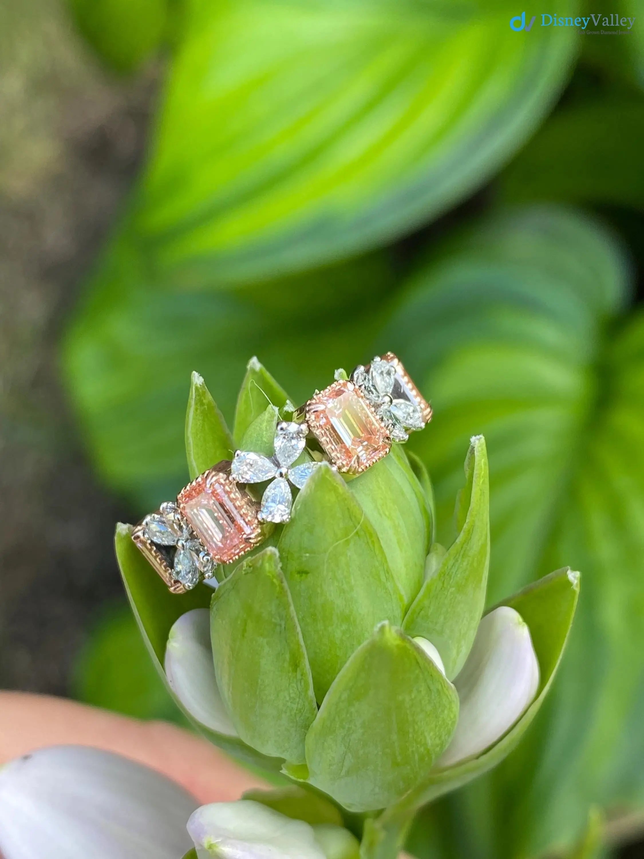 2.30ct Pink Emerald Cut and Pear Cluster Lab Grown Diamond Gold Band DisneyValley