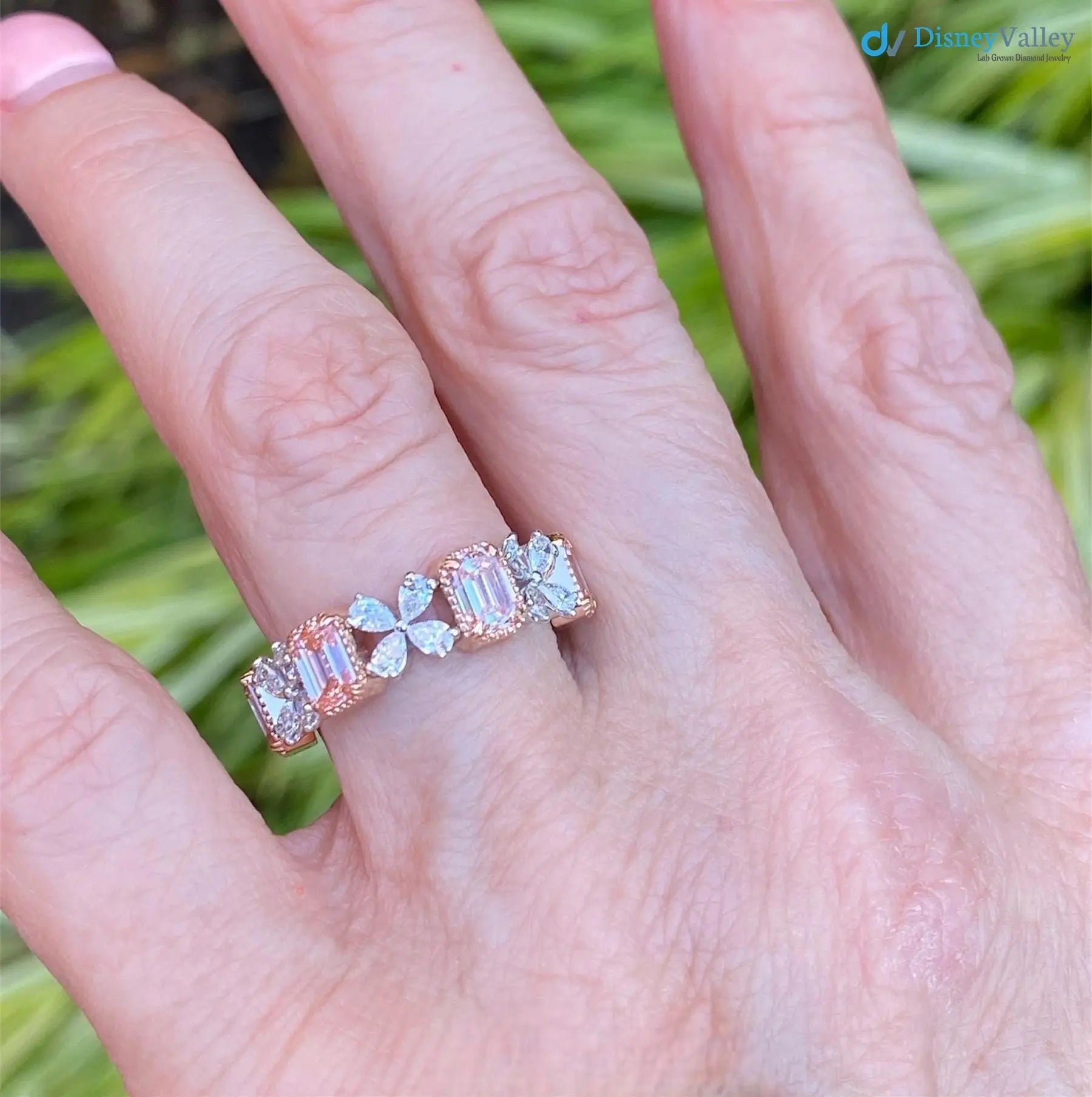 2.30ct Pink Emerald Cut and Pear Cluster Lab Grown Diamond Gold Band DisneyValley