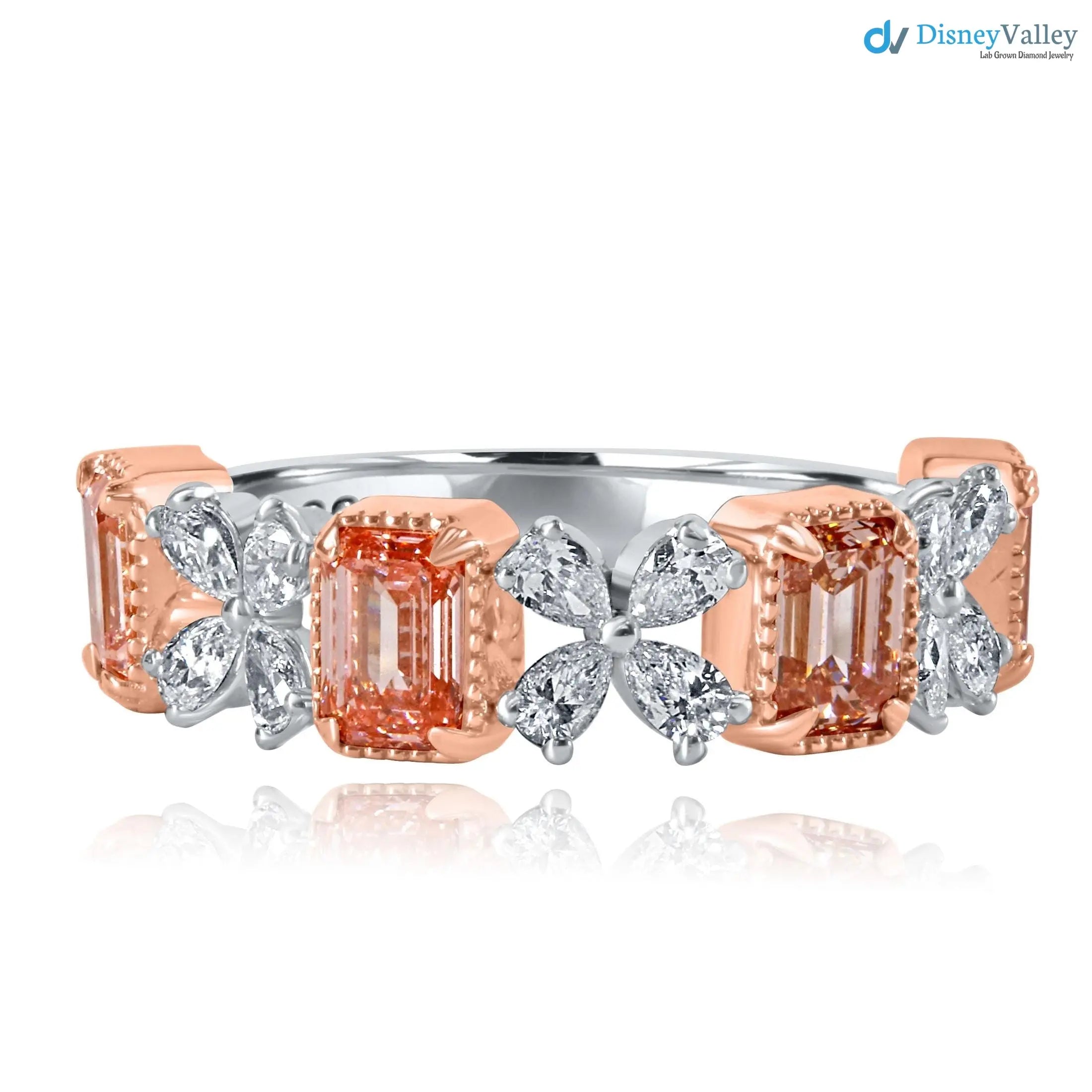 2.30ct Pink Emerald Cut and Pear Cluster Lab Grown Diamond Gold Band DisneyValley