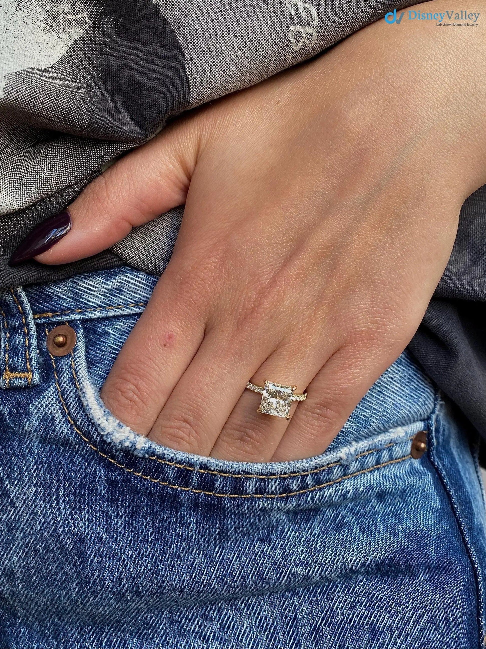 2.35 CT Lab Grown Princess Cut Half Way Side Stones Hidden Halo Diamond Engagement Ring - DisneyValley