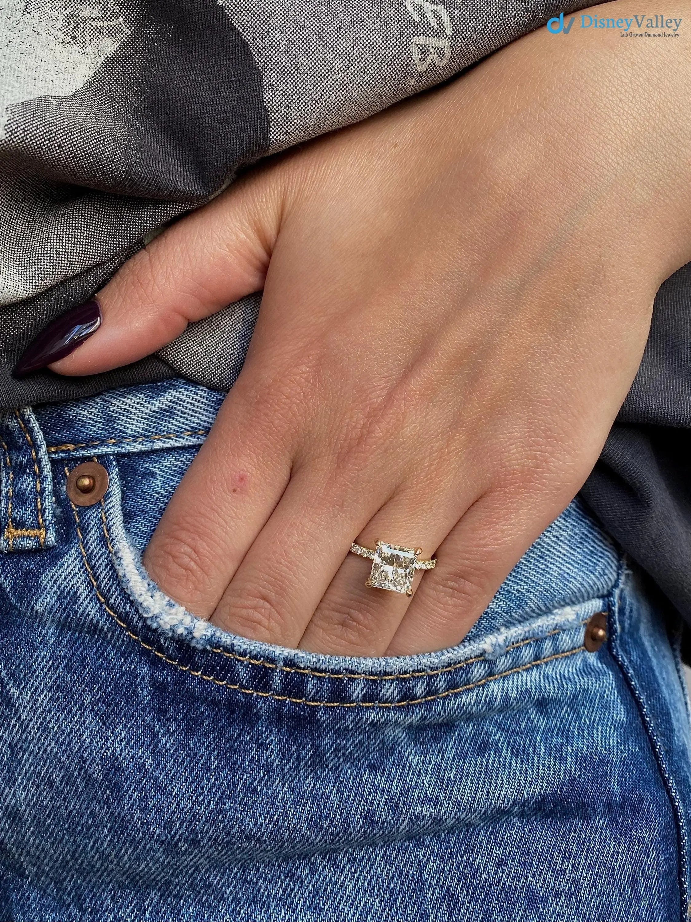 2.35 CT Lab Grown Princess Cut Half Way Side Stones Hidden Halo Diamond Engagement Ring - DisneyValley